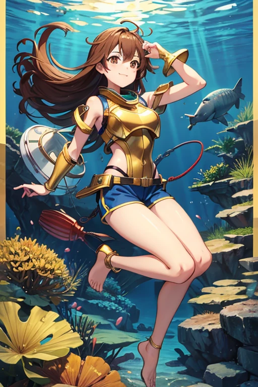 Anime drawings、Full body portrait、Underwater、SF Fisherman、A female fisherman, about 27 years old, about 160cm tall, wearing a gold breastplate and shorts, swimming in the sea.、Smiling with mouth closed、Wearing diving goggles、The hairstyle is short、Brown Hair、Brown eyes、Golden leggings、Golden arm guards