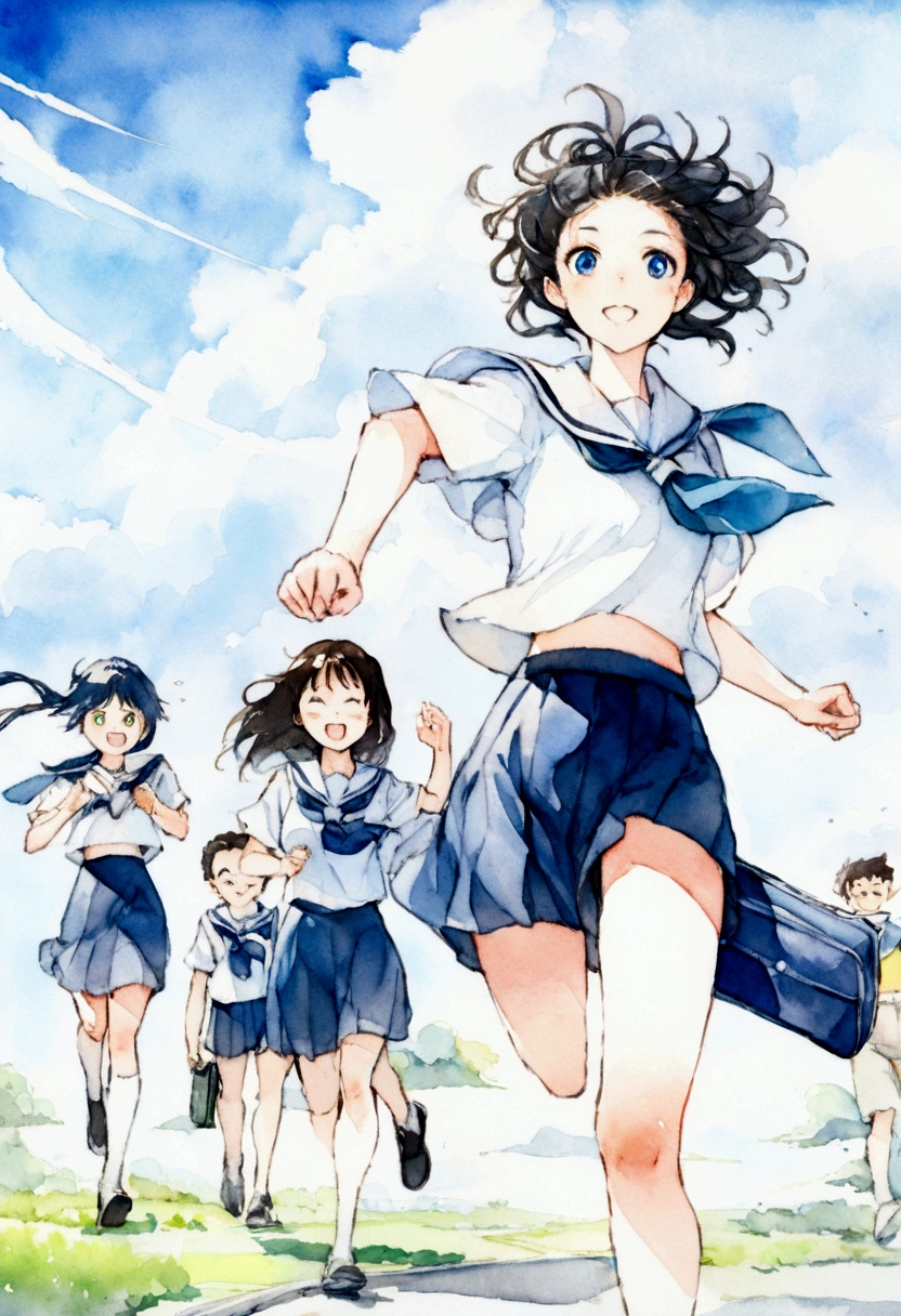 Vast blue sky,Watercolor,Very detailed, delicate and dynamic,A big smile,Super quality, 16k,Student bag,Black Hair,A high school girl runs through the blue sky,白いcloud,running,Sailor suit,uniform,youth,,Blue sky,cloud, Wind-effect, background,Summer Course
