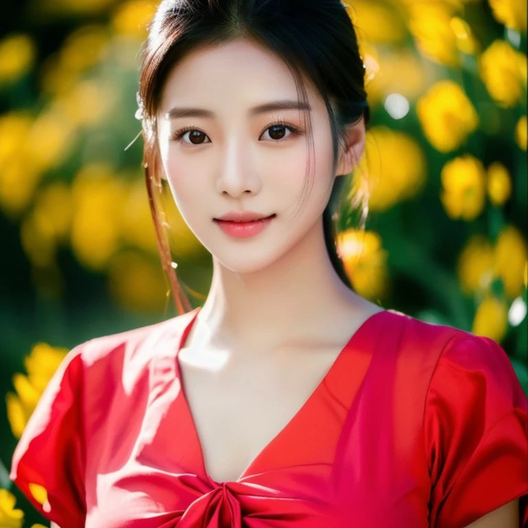 Woman, ponytail, long, flowing hair, Hair floats up, hair floats up , Long hair wearing a black shirt poses in a field of flowers, beautiful south beautiful asian girl, Thai anime, 3 D, 8k, Shot with a high quality Fuji camera, quality 45.,000,000 pixels, realistic light colors,korean woman, beautiful young korean woman, gorgeous young korean woman, Chinese girl, Gorgeous Chinese model, Korean girl, beautiful asian girl, korean woman, Chinese woman,