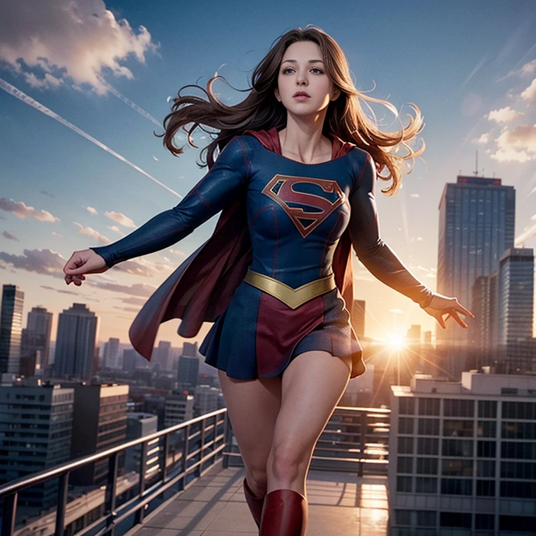 solo, 1girl, m3l1ss, supergirl, brown hair, s0p3r6m3l1s4-smf, blue eyes, blue bodysuit, long sleeves, red cape, realistic, bodysuit, animification, skirt, flying, buildings, sky, clouds, sun light
