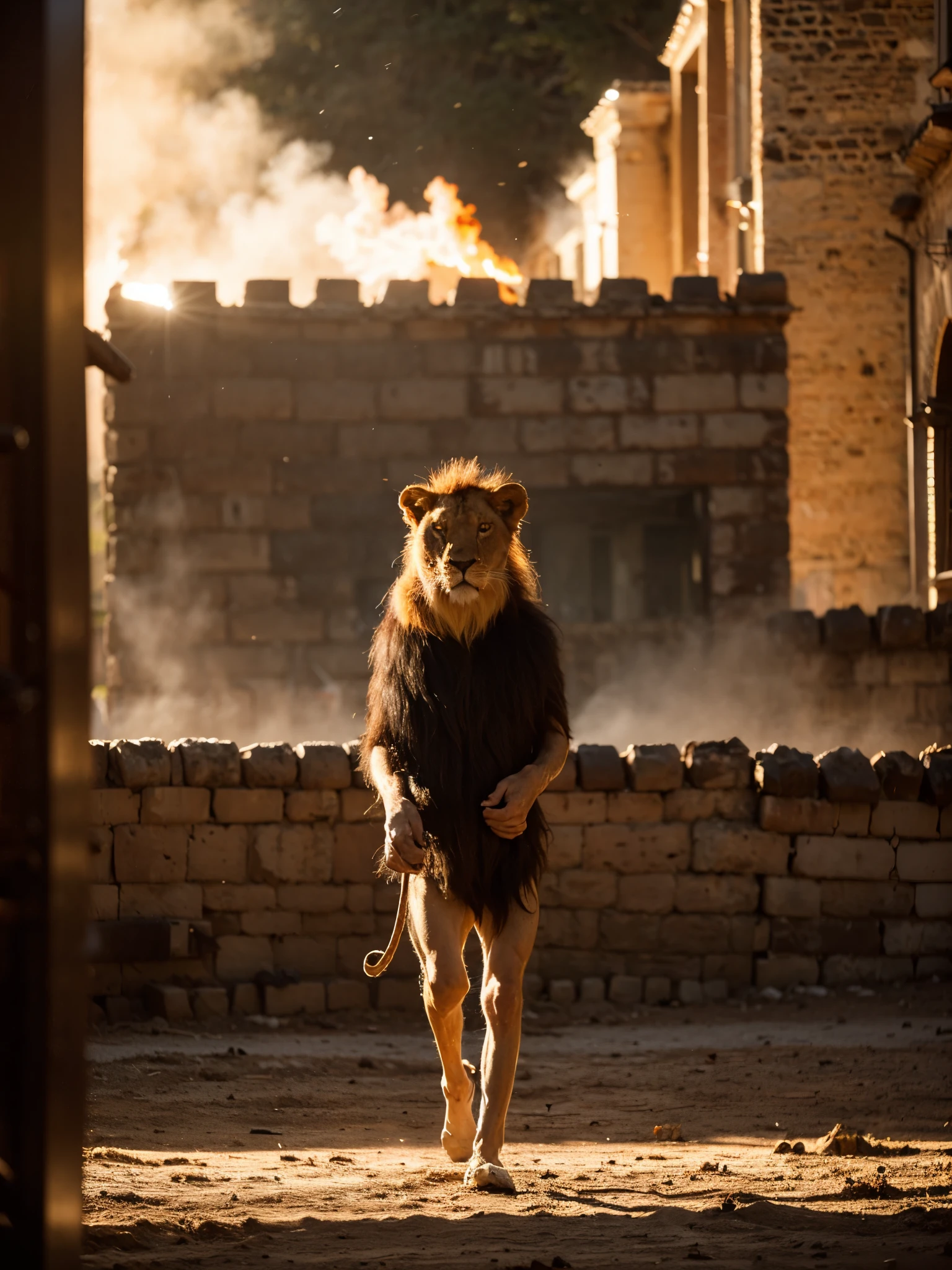 Raw photo, (lion on fire is walking outdoor in the dusty square in front of the castle), Image in the center of the composition, in a medieval castle, blurred background, 8K UHD, Low lighting, hiquality, film grain, Fujifilm XT3