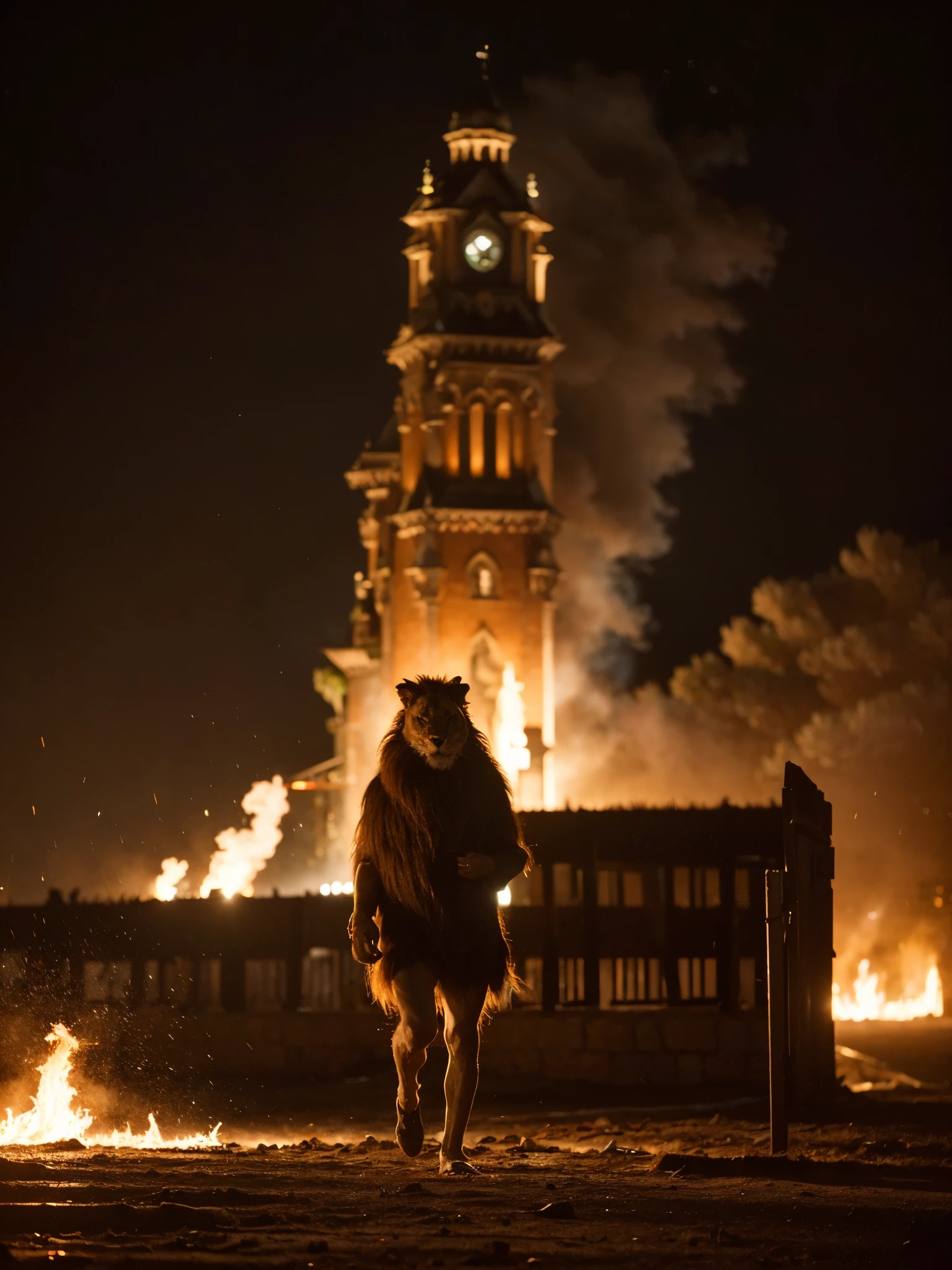 Raw photo, (lion on fire is walking outdoor in the dusty square in front of the castle), Image in the center of the composition, in a medieval castle, blurred background, 8K UHD, Low lighting, hiquality, film grain, Fujifilm XT3