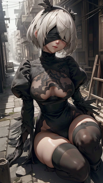 Silhouette, landscape, Low angle, model posing,
((highest quality)), ((masterpiece)),(detailed),High resolution,Sharp focus,(非常にdetailed CG unity 8k wallpaper),(((Vibrant colors))),{best illustration},
(Realistic eyes, Natural skin texture, Realistic facial details),
Perfect Face,One girl,Game Characters,2B,Yoruhano. 2 Type B,Nier Automata,
High resolution,Second dimension beautiful girl,Super Beauty,((Blindfold)),(黒のBlindfold布_eyes covered),Close ~ eyes,gleaming skin,Shiny silver hair,
Short Bob Hair,Big Breasts,glamorous_expensive_Tight waist_Long legs,curve, hair band,mole under lips,
Remains,The End of the World,rubble,Cracked roads,weed,There is fog,Ruined buildings,
erotic,Bold,露出度のexpensive服装,show 肌,Camel Toe,erection of nipple,
Juliet Sleeve,Puffy sleeves,Feather ornament,
Knee socks,Thigh-high boots,
smile,