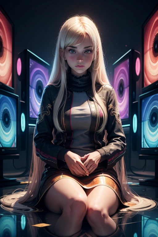 European beautiful young woman in reflecting overall sitting amidst broken televisors, white noise and color strips on TV, psychedelic
