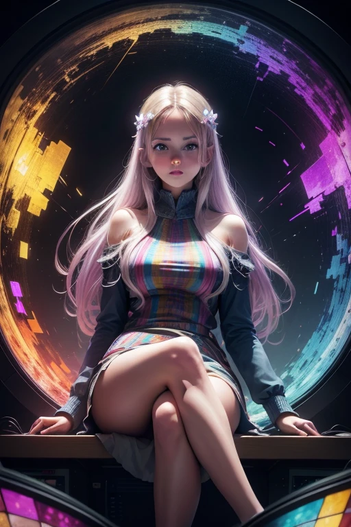 European beautiful young woman in reflecting overall sitting amidst broken televisors, white noise and color strips on TV, psychedelic