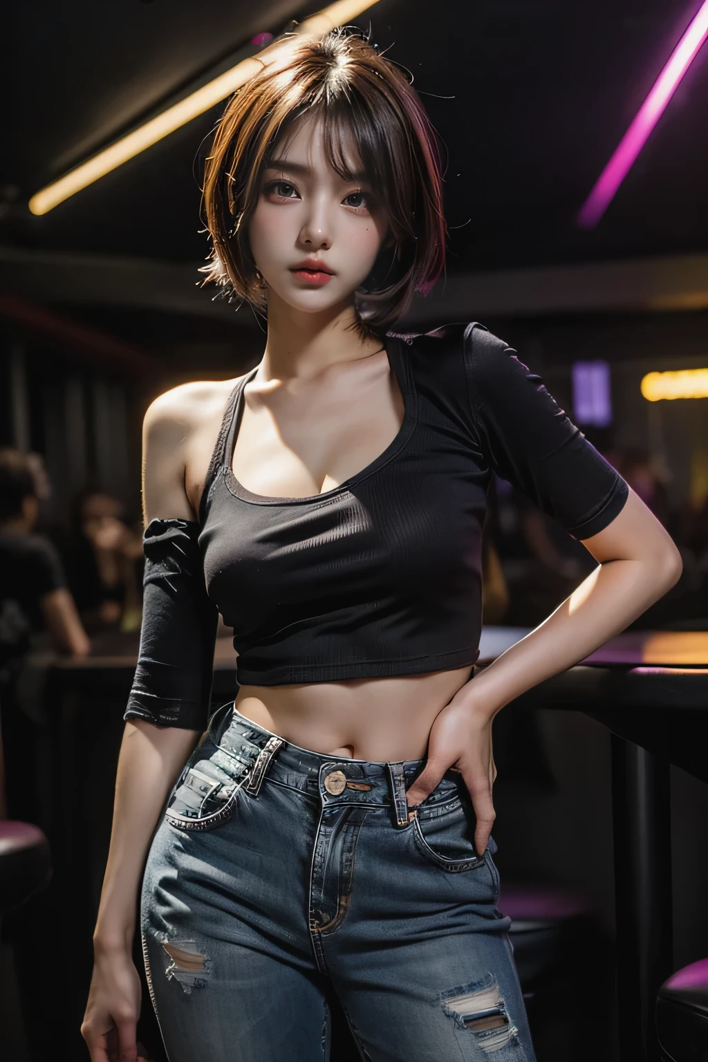 random cute girl A sexy pure girl with exposed breasts ,Short jeans, random hair color, nightclub, movie lighting, neon lights, colorful , high resolution