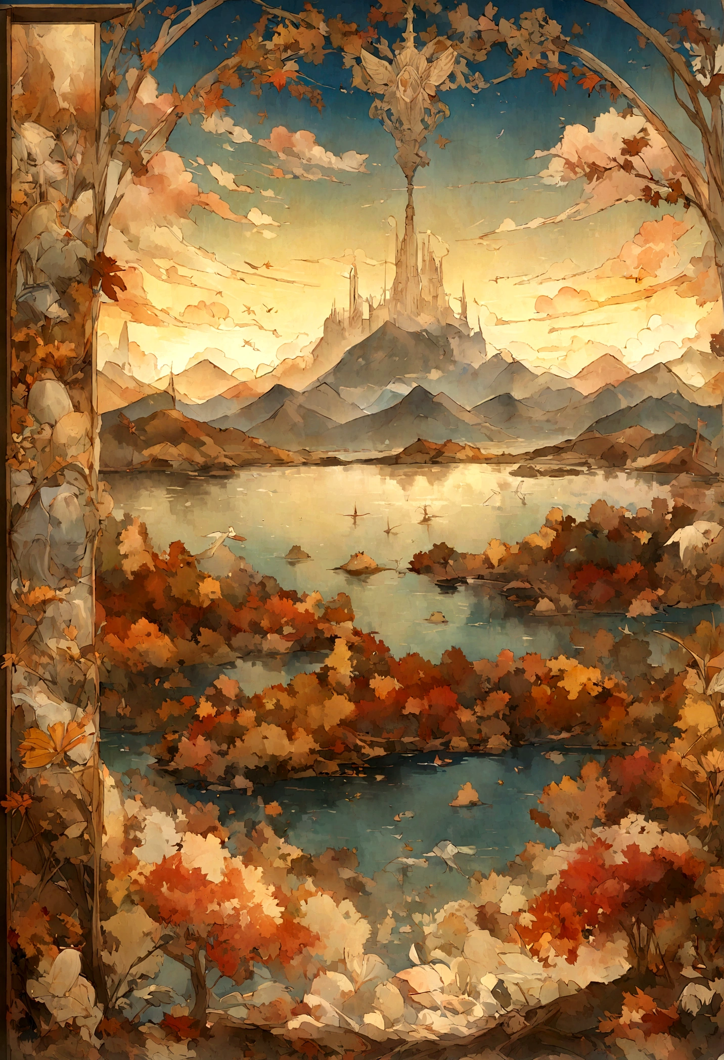The sunset flies with the lonely geese in the distance, and the autumn river water and the vast sky are connected, icons