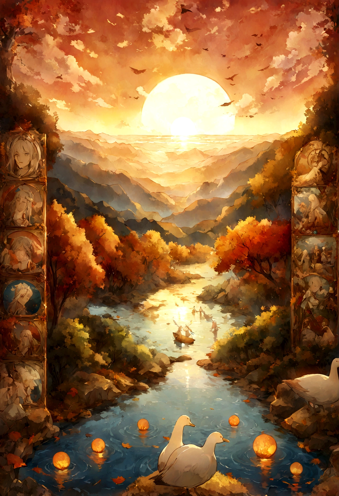 The sunset flies with the lonely geese in the distance, and the autumn river water and the vast sky are connected, icons