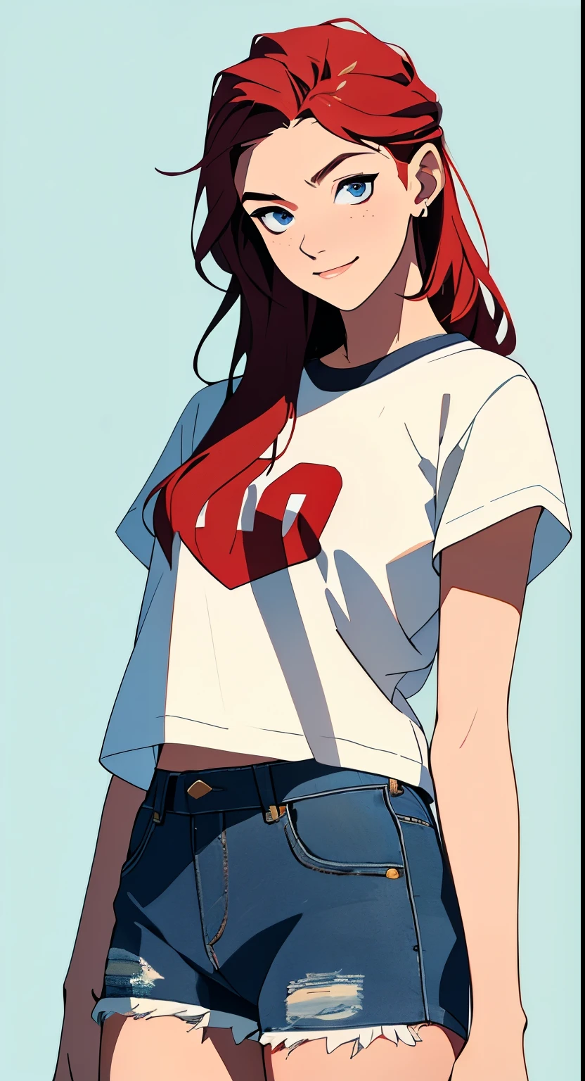 masterpiece, best quality, full body,1girl,the highest image quality, 21 year old girl, red hair, long hair, light blue eyes, tight white graphic t-shirt, and denim shorts, medium breasts, White background, empty background whole body , neutral pose, smiling no teeth