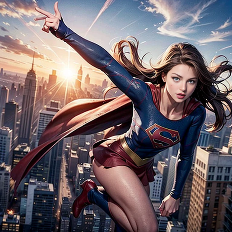 solo, 1girl, m3l1ss, supergirl, brown hair, s0p3r6m3l1s4-smf, blue eyes, blue bodysuit, long sleeves, red cape, realistic, bodysuit, animification, skirt, flying, buildings, sky, clouds, sun light