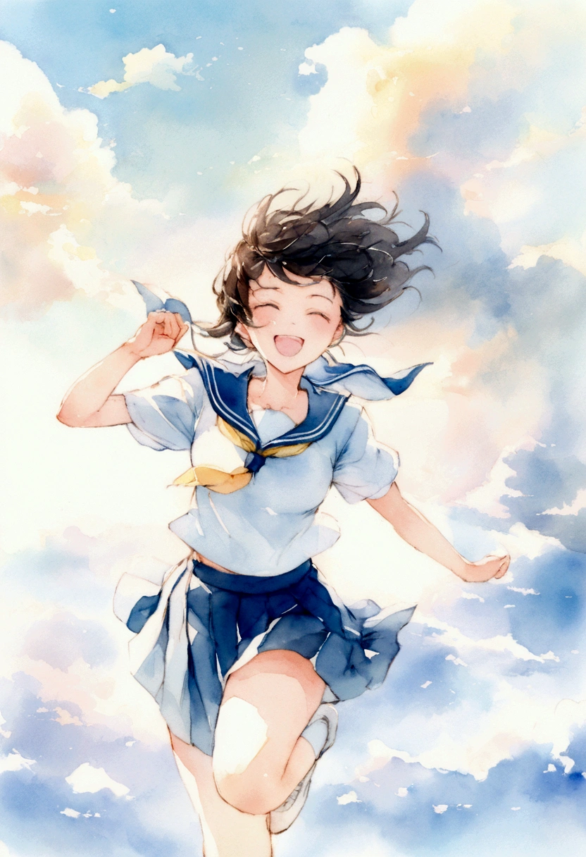 Vast blue sky,watercolor,Very detailed, delicate and dynamic,A big smile,Super quality, 16k,Student bag,Black Hair,A high school girl runs through the blue sky,白いcloud,running,Sailor suit,uniform,youth,,Blue sky,cloud, Wind-effect, background,Summer Course,A little bit pop