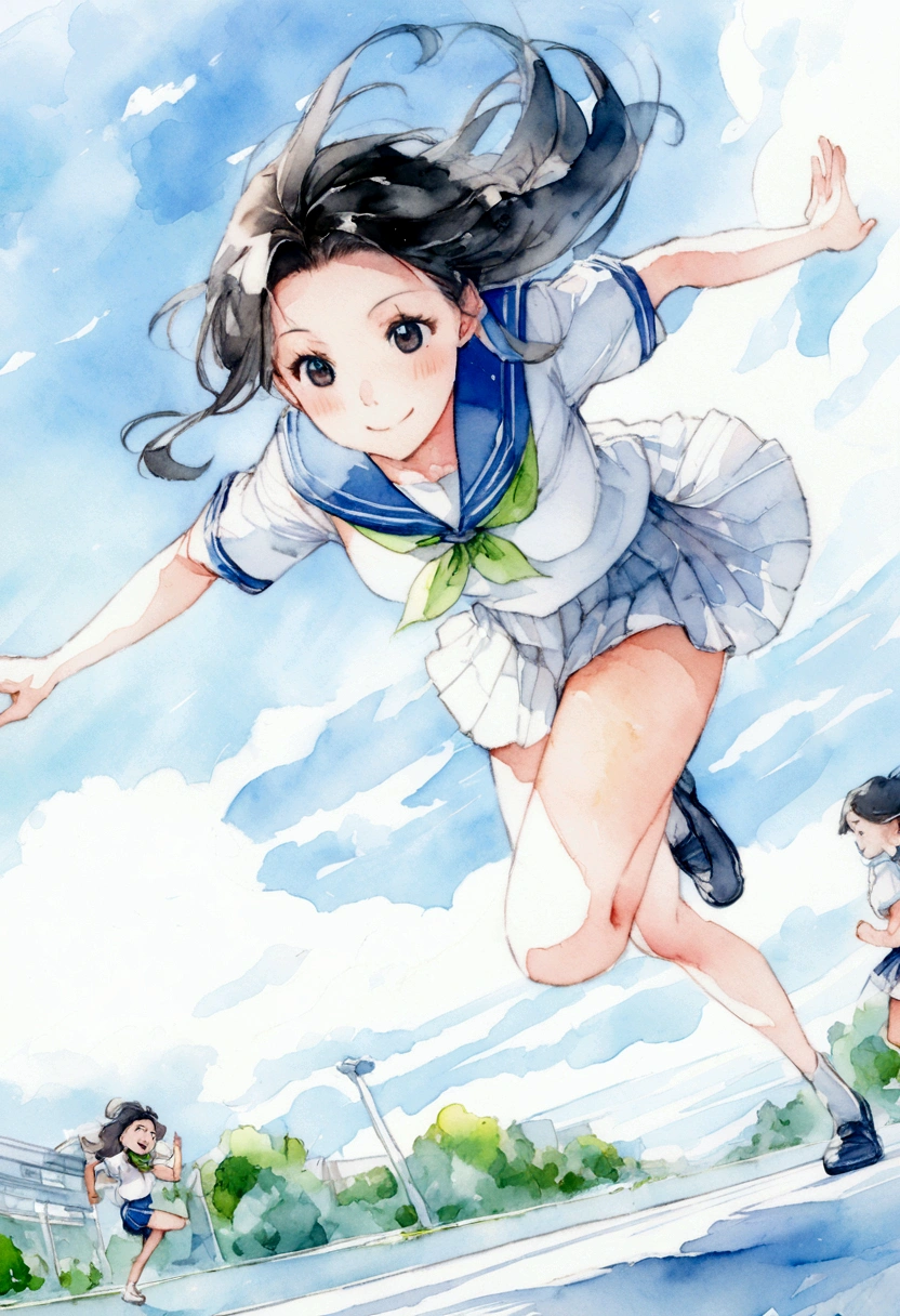 Vast blue sky,watercolor,Very detailed, delicate and dynamic,A big smile,Super quality, 16k,Student bag,Black Hair,A high school girl runs through the blue sky,白いcloud,running,Sailor suit,uniform,youth,,Blue sky,cloud, Wind-effect, background,Summer Course,A little bit pop