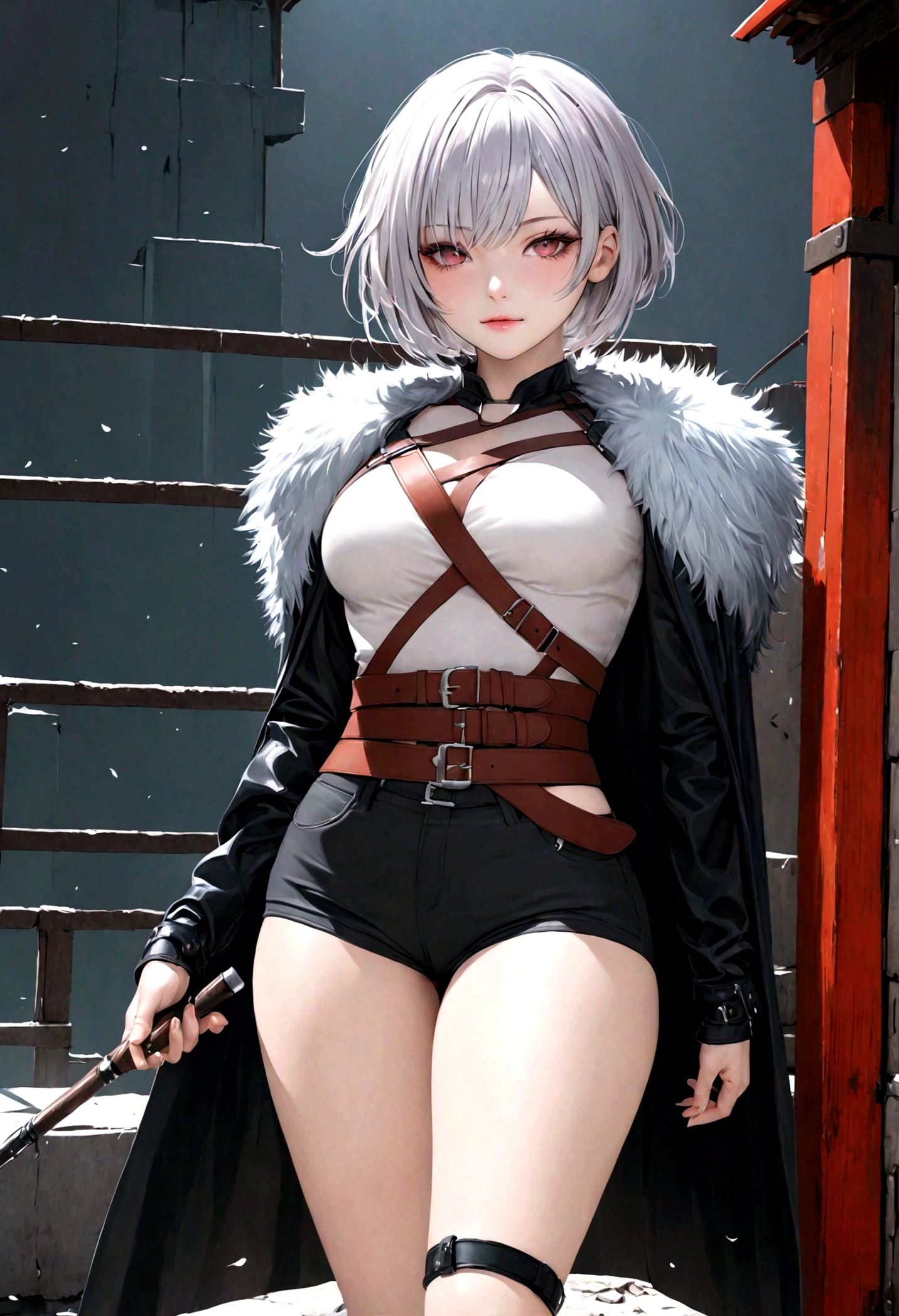 baiyuekui,solo,full body,gray fur cape,single thighhigh,thigh strap,asymmetrical legwear,black shorts,boots,black footwear,belt,high heels,
outdoors,War ruins,
white hair,short hair,
(masterpiece,best quality,ultra_detailed,highres,absurdres:1.2),(photorealistic:1.4),