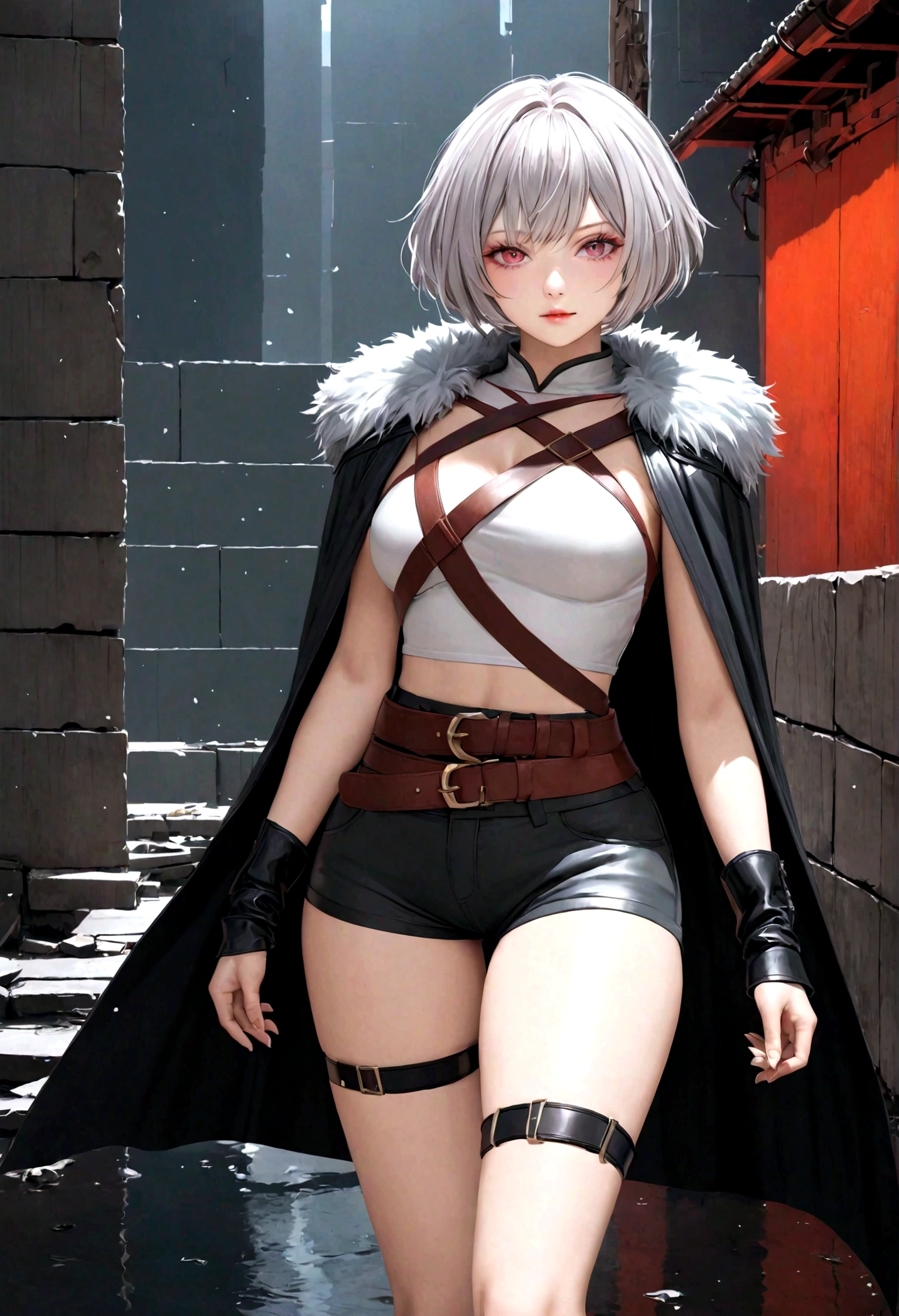 baiyuekui,solo,full body,gray fur cape,single thighhigh,thigh strap,asymmetrical legwear,black shorts,boots,black footwear,belt,high heels,
outdoors,War ruins,
white hair,short hair,
(masterpiece,best quality,ultra_detailed,highres,absurdres:1.2),(photorealistic:1.4),