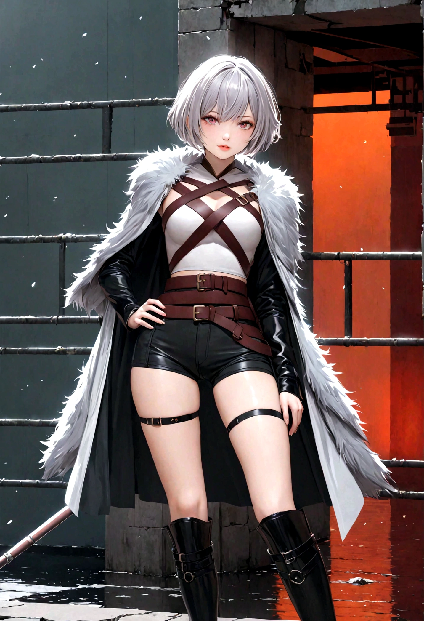 baiyuekui,solo,full body,gray fur cape,single thighhigh,thigh strap,asymmetrical legwear,black shorts,boots,black footwear,belt,high heels,
outdoors,War ruins,
white hair,short hair,
(masterpiece,best quality,ultra_detailed,highres,absurdres:1.2),(photorealistic:1.4),