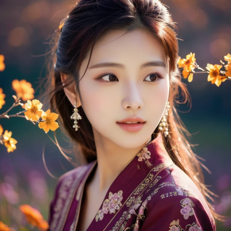 Woman, ponytail, long, flowing hair, Hair floats up, hair floats up , Long hair wearing a black shirt poses in a field of flowers, beautiful south beautiful asian girl, Thai anime, 3 D, 8k, Shot with a high quality Fuji camera, quality 45.,000,000 pixels, realistic light colors,korean woman, beautiful young korean woman, gorgeous young korean woman, Chinese girl, Gorgeous Chinese model, Korean girl, beautiful asian girl, korean woman, Chinese woman,