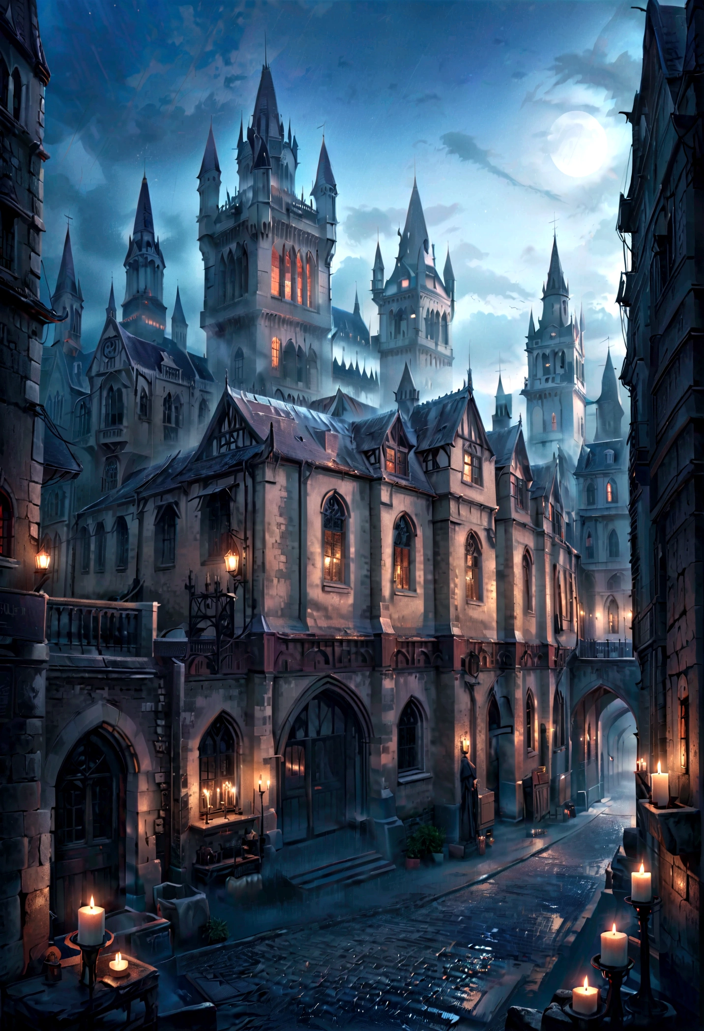 a dark gothic castle in ireland, dark magic, highly detailed, 8k, photorealistic, masterpiece, dark fantasy, dramatic lighting, gloomy atmosphere, hyperrealistic gothic, photorealistic, cinematic, epic, dramatic, moody, atmospheric, intricate details, ornate architecture, gargoyles, cobblestone, mist, fog, moonlight, candles, candelabras, shadows, eerie, haunting, mystical, occult, supernatural, spiritual, ancient, historical