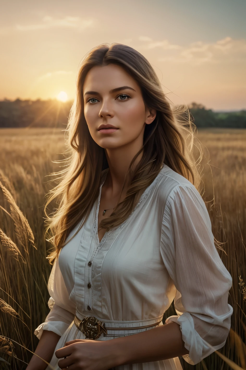 photograph of a white woman in tall grass, Andrei Tarkovsky, Anna Nikonova, warm sunlight, Antonio Rotta, reality punctuated by dreams, , Dean Cornwell, innocence, Robert Capa, summer sun, bob professional photography, soft lighting, high detail, intricate detail, photorealistic, cinematic, random angle, watercolor, airbrush, style Greg Rudkowski, Michael Garmash, ultra hd, realistic, vivid colors, highly detailed, UHD drawing, pen and ink, perfect composition, beautiful detailed intricate insanely detailed octane render trending on artstation, 8k artistic photography, photorealistic concept art, soft natural volumetric cinematic perfect light