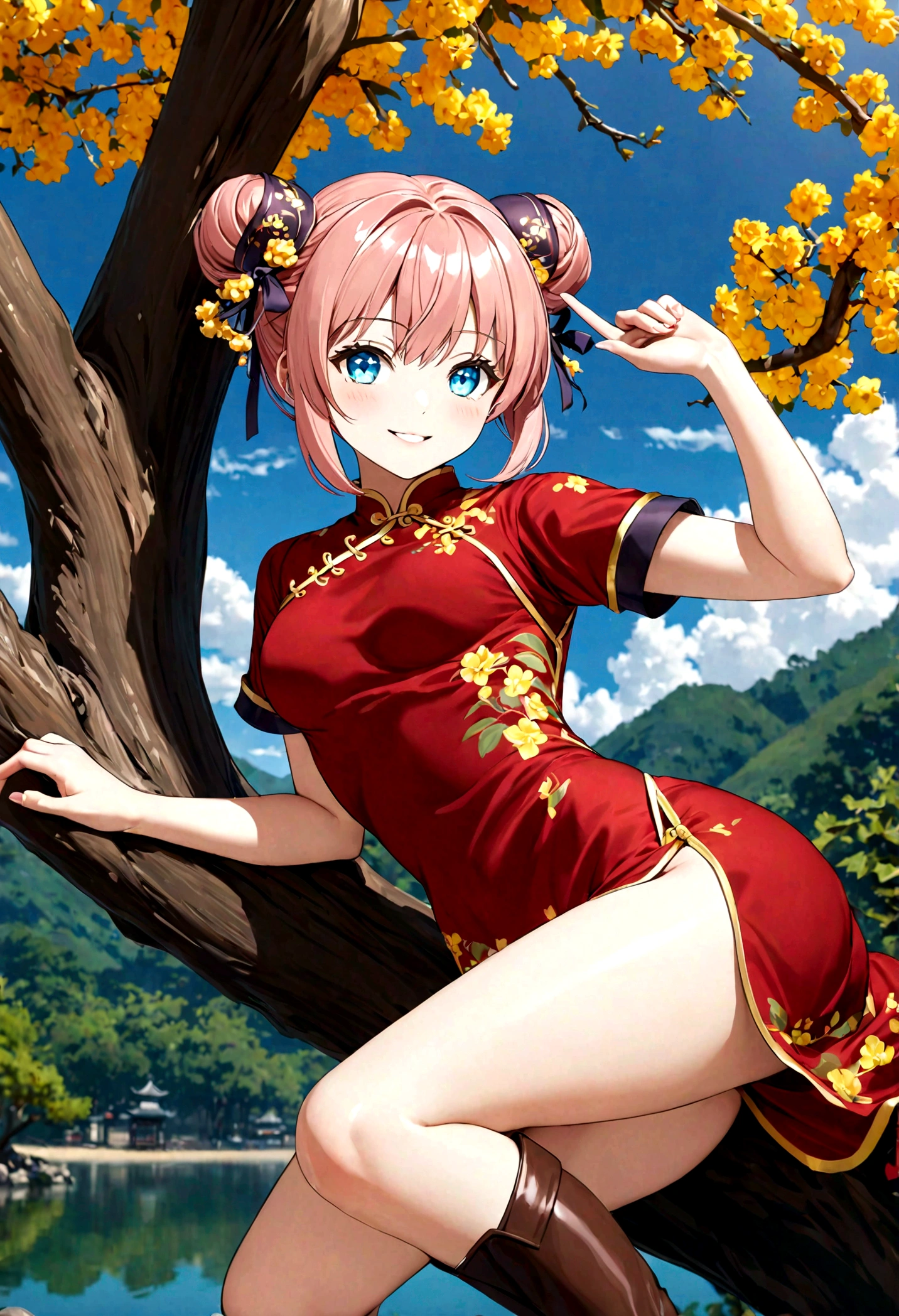 Gintama, Kagura, Orange hair, red dress, double bun, bun cover, china dress, chinese clothes, knee boots, short sleeves, small breasts, Blue eyes, tree, (in_tree), all_fours, on branch, v,, (masterpiece:1.3), (best_quality:1.3), (ultra_detailed:1.3), 8k, extremely_clear,, 1girl, solo, wide_shot,, outdoors,, insane details, intricate details, hyperdetailed, ultra detailed, extreme detailed, highest detailed, high_detail, colorful, beautiful, hdr, photorealistic, highres, ultra_high_res, photography, aesthetic, extremely_delicate,, seductive_smile,