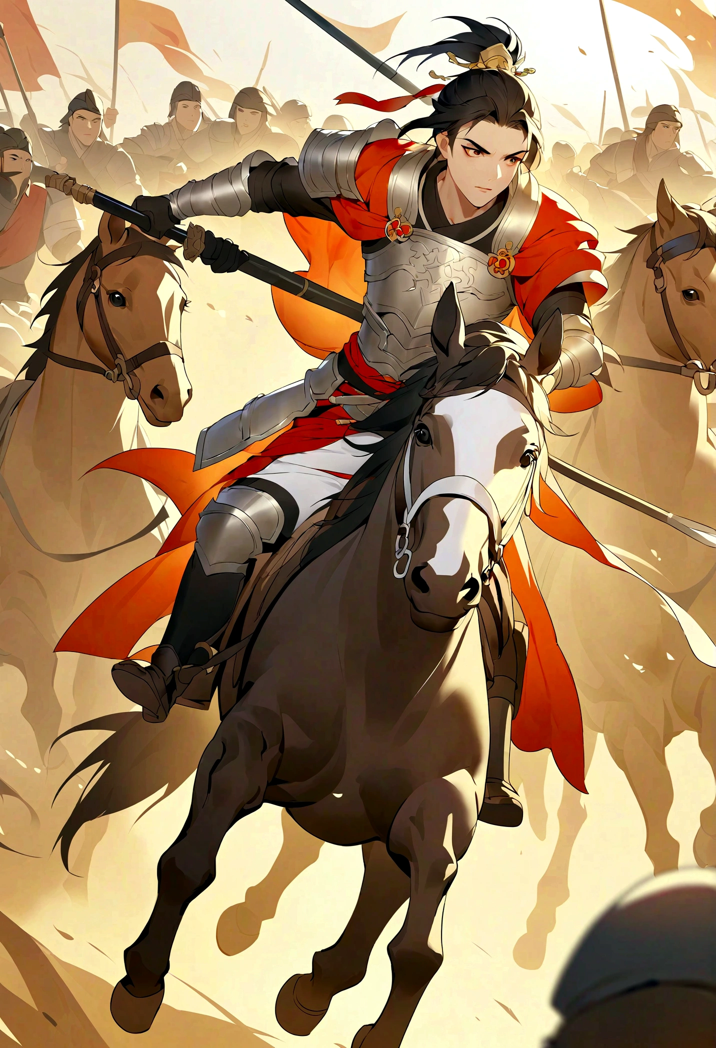 Three Kingdoms, Zhao Zilong, horse riding, Wield a spear, Heroic and fearless, Wearing armor, Behind it is the battlefield, Soldiers charge into battle, Beacon fire, Fight heroically