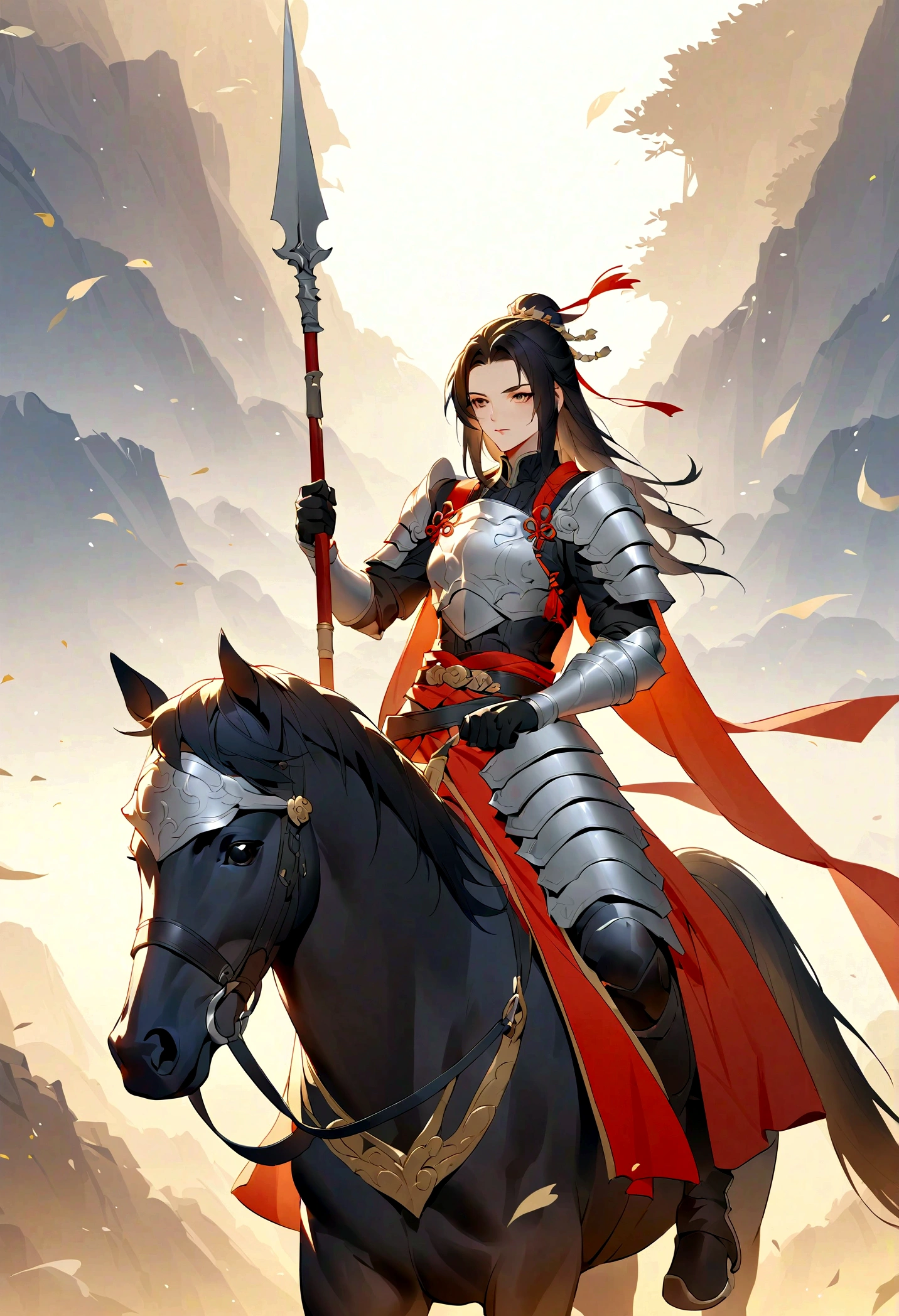 Three Kingdoms, Zhao Zilong, horse riding, Wield a spear, Heroic and fearless, Wearing armor, Behind it is the battlefield, 