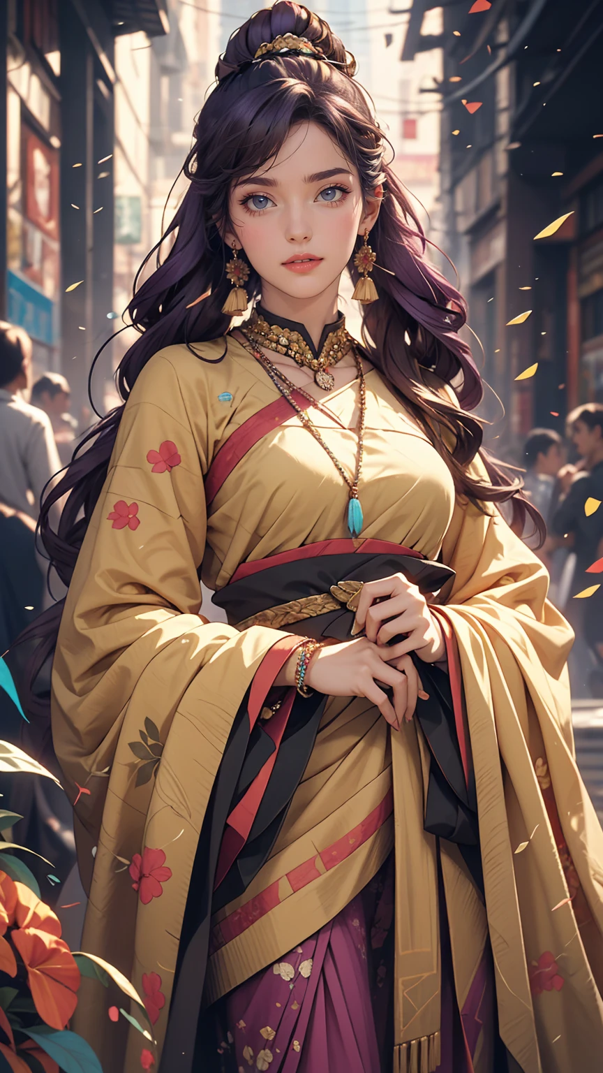 (Absurd, High resolution, Super detailed), (One girl:1.3), Twin tails, Purple Hair, break , Glitch Art, Digital Distortion, Pixelated Fragments, Data Corruption, Colorful Noise, Visual clutter, contemporary aesthetics break , Enamel Art, Glass-like surface, Vibrant colors, Glossy finish, Reflective Texture, Richly pigmented, fluid forms break , Ethnic Style, Traditional attire, Vivid patterns, Handmade textiles, Cultural Motifs, Beaded Jewelry, Artisan handmade accessories