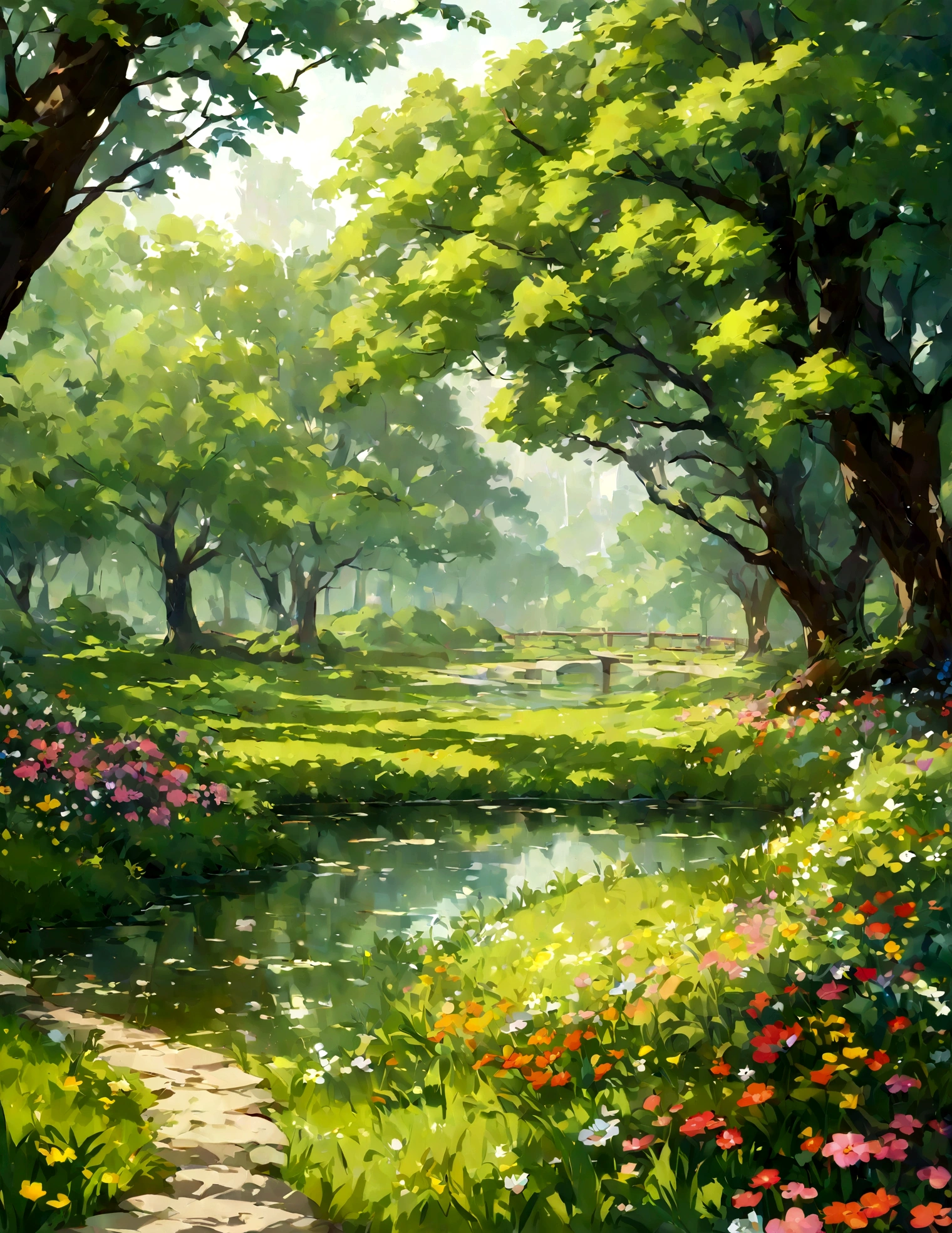 garden，green trees，lakeside，green grass，spring，masterpiece, best quality，illustration style，bright colors，Perfect picture quality，