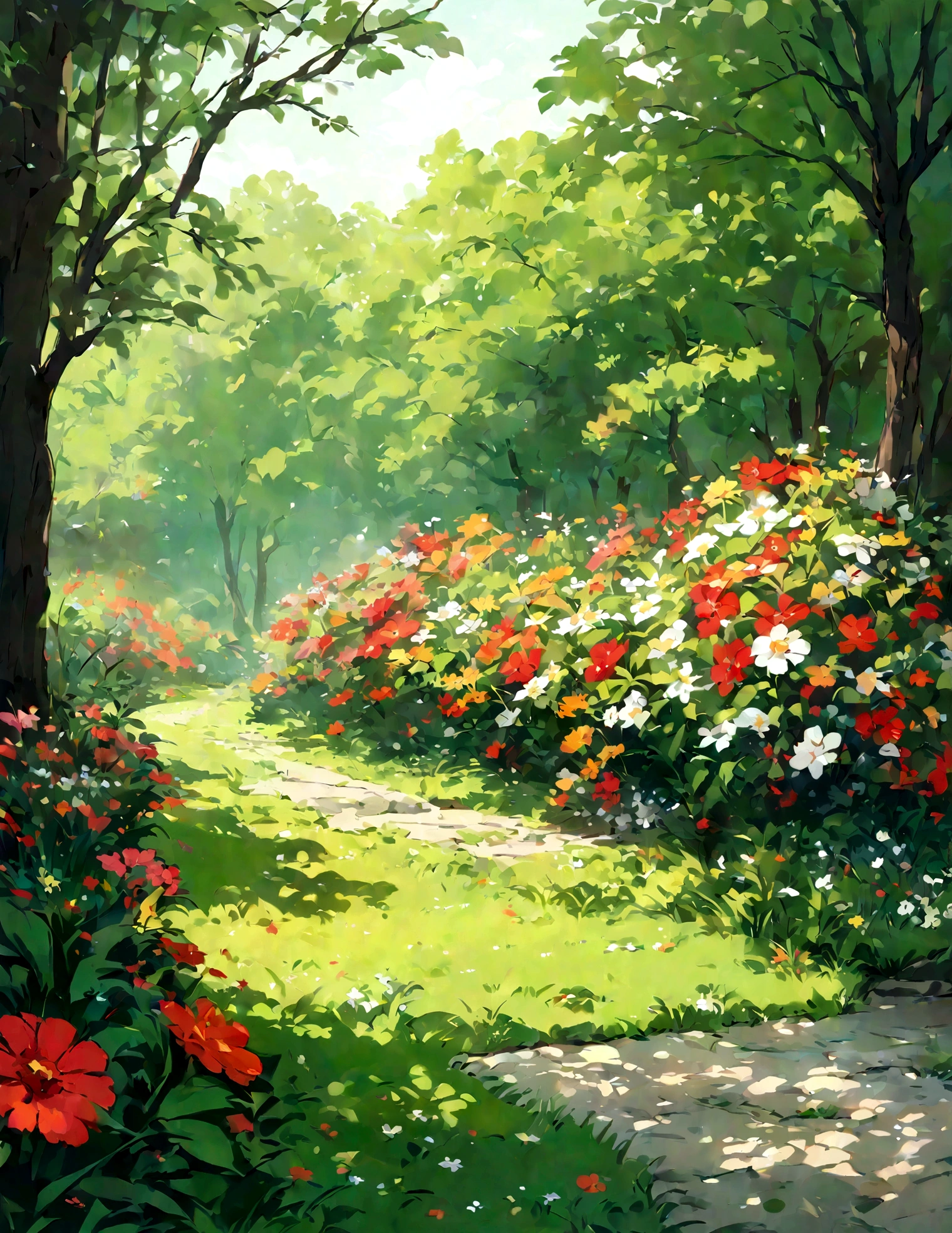 garden,green trees,lakeside,green grass,spring,masterpiece, best quality,illustration style,bright colors,Perfect picture quality,