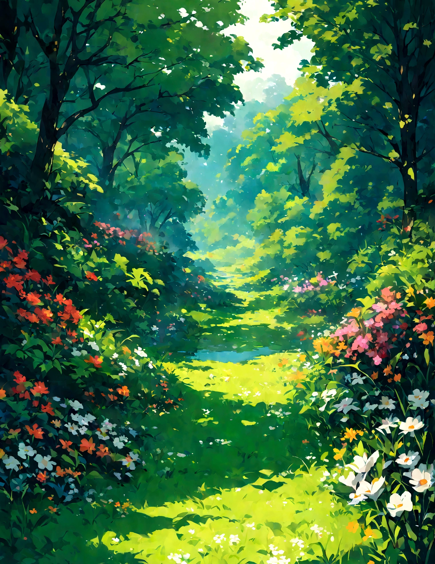 garden,green trees,lakeside,green grass,spring,masterpiece, best quality,illustration style,bright colors,Perfect picture quality,