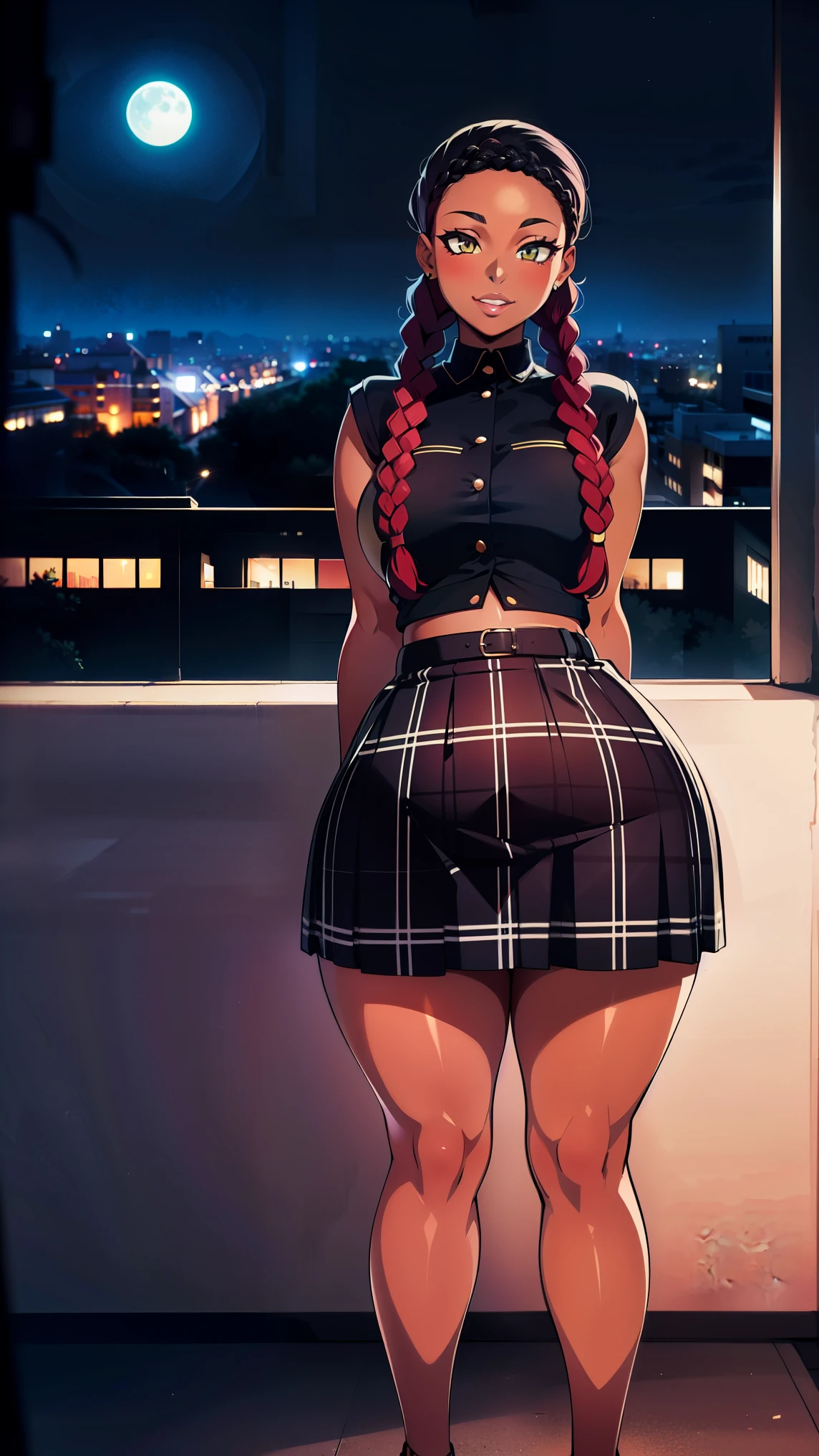 4K Quality, black woman, sexy smile, (black plaid skirt), standing up, ((black and red braids)), (dark skinned), thick thighs, big breasted, big ass, looking at viewer, amber eyes, night time, bedroom eyes, full body, city background, perfect face, perfect body, perfect eyes, full lips,