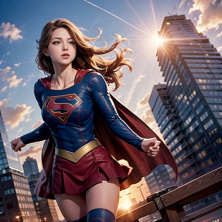 solo, 1girl, m3l1ss, supergirl, brown hair, s0p3r6m3l1s4-smf, blue eyes, blue bodysuit, long sleeves, red cape, realistic, bodysuit, animification, skirt, flying, buildings, sky, clouds, sun light