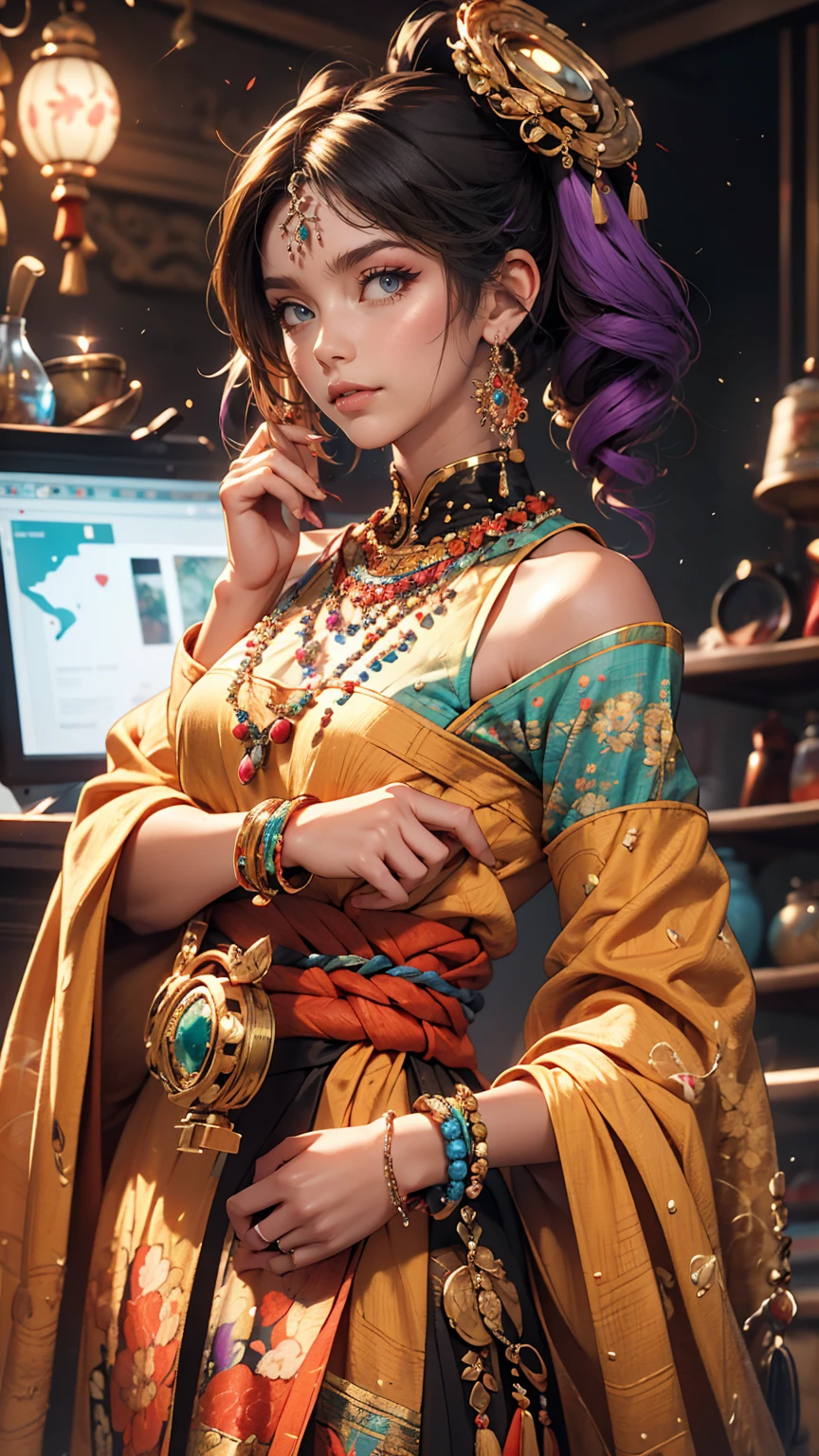 (Absurd, High resolution, Super detailed), (One girl:1.3), Twin tails, Purple Hair, break , Glitch Art, Digital Distortion, Pixelated Fragments, Data Corruption, Colorful Noise, Visual clutter, contemporary aesthetics break , Enamel Art, Glass-like surface, Vibrant colors, Glossy finish, Reflective Texture, Richly pigmented, fluid forms break , Ethnic Style, Traditional attire, Vivid patterns, Handmade textiles, Cultural Motifs, Beaded Jewelry, Artisan handmade accessories