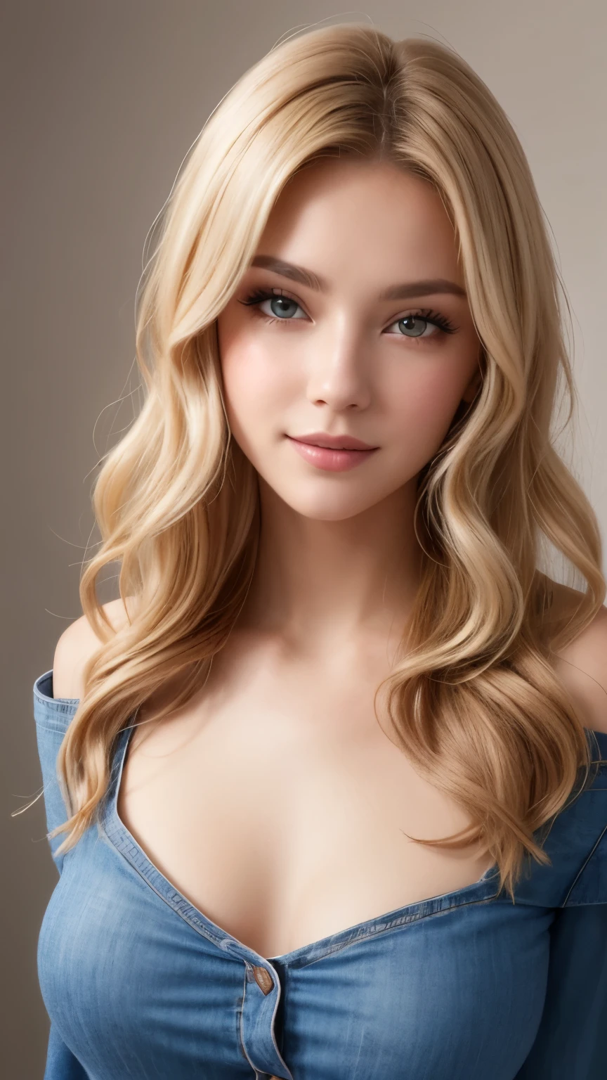 1 25 year old beautiful woman with long blonde hair posing for a photo, Beautiful long blonde, Long blonde, Very beautiful woman, She blushes and makes a kissing face, Her face is turned up, Well-groomed beautiful long blonde, Ultra-realistic 8K portrait, Front photo of her, Camera angle from above, Smooth long blonde beautiful woman, Top model with a slim figure, She's very white, Thin and smooth skin., Breast augmentation, ((Long blonde-испанка)), Light eyebrows raised and frowned., She's got a bittersweet feeling, Shiny long blonde hair, Super thin open eyes wet and droopy., she looks down at the viewer, Her thick, plump and shiny lips are half open., close-up photo of face, Man in the center left and right, The whole head is shown, She's wearing a pastel blouse., Very simple necklace and very simple earrings, perfect makeup, Professional lighting, like watching movies in a dark room