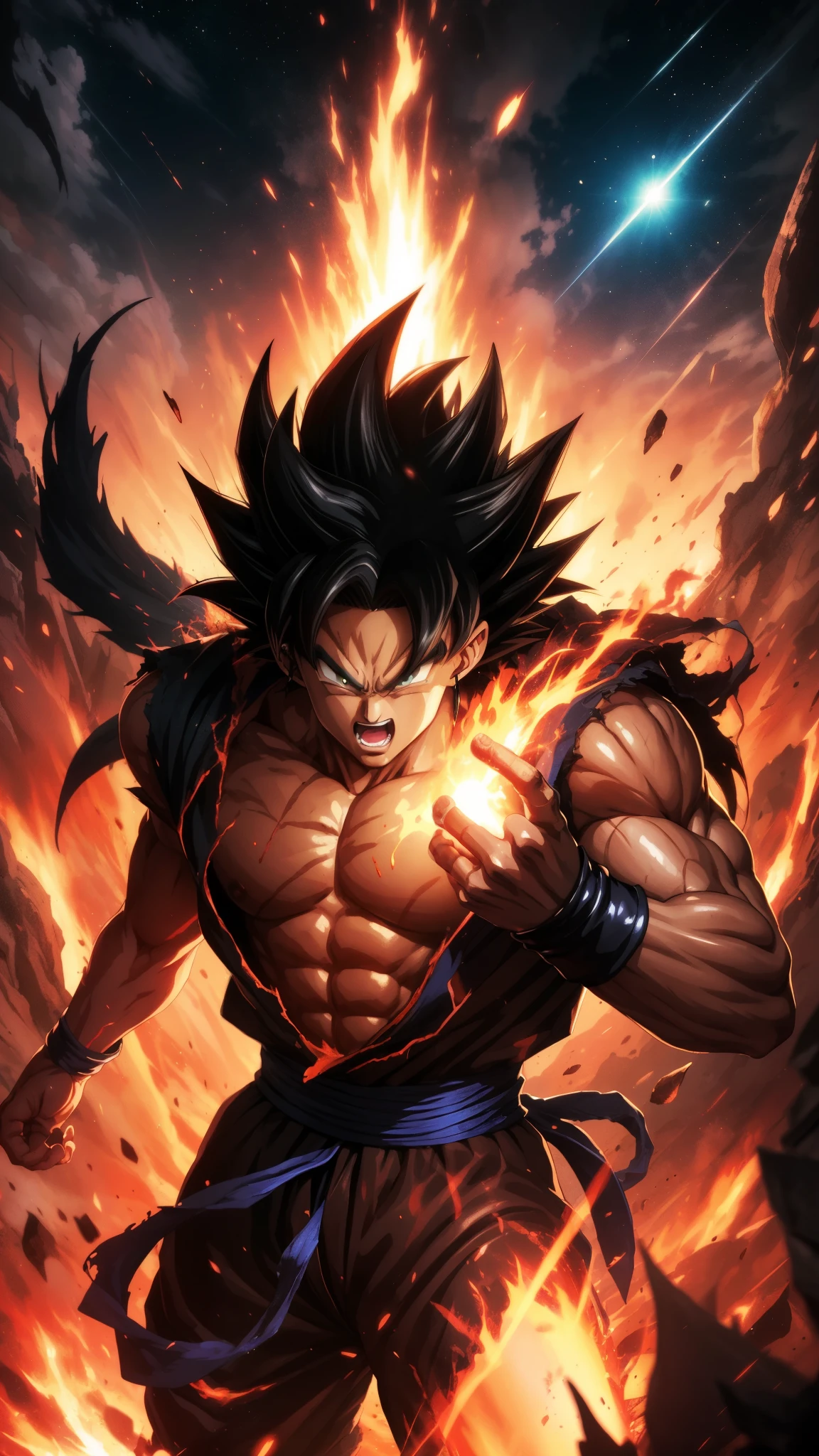 Get ready for a visual feast with Black Goku Demon God has a handsome face and piercing red eyes. In his transformed state, he radiates extreme instinct and power, creating an epic anime about this man of energy. See how he manipulates fire and lava in stunning anime artwork that will blow your mind. This concept art is straight from the Dragon Ball Universe, with manga-style 8k wallpapers that will transport you to another dimension. Get ready to be amazed by this detailed piece of digital anime art, showcasing the ultimate combination of style and power.