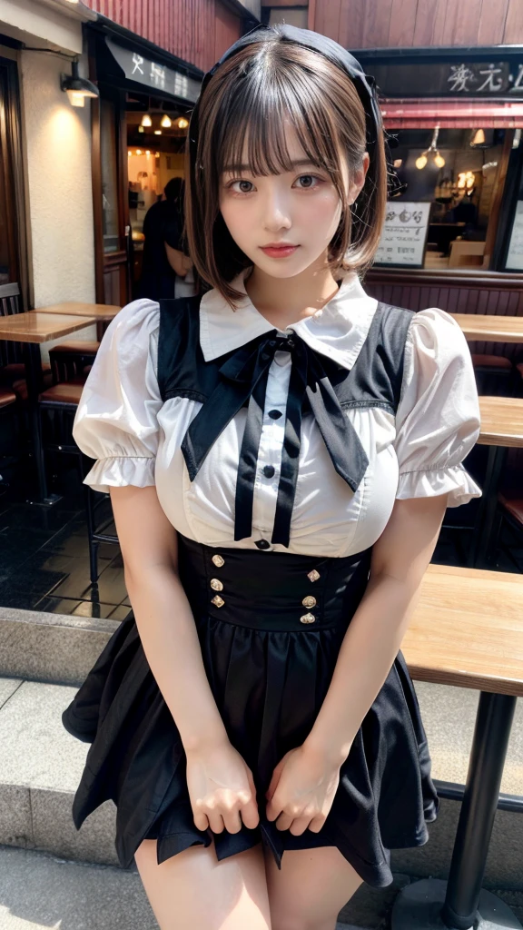 masterpiece, best quality, illustration, Super detailed, fine details, High resolution, 8K,wall paper, perfect dynamic composition,(Details High quality, realistic depiction of eyes:1.3), waitress uniform, restaurant, large breasts, short bob hair、black hair color, Big Natural Color Lip, bold sexy pose, crying a little、Harajuku style、20 year old girl、cute type、lolita、beautiful legs, gravure idol, Voluptuous thighs