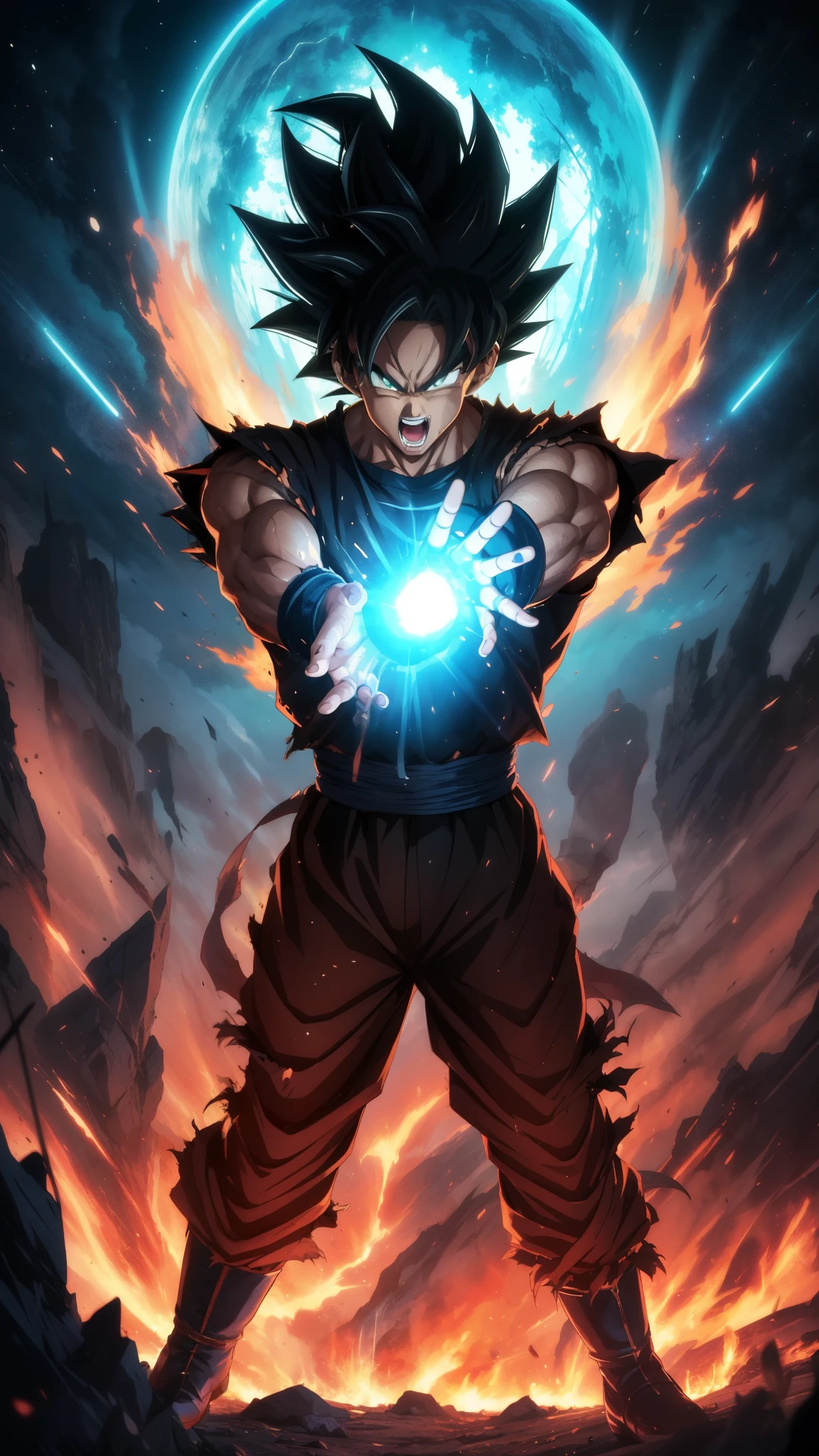 Get ready for a visual feast with Black Goku Demon God has a handsome face and piercing red eyes. In his transformed state, he radiates extreme instinct and power, creating an epic anime about this man of energy. See how he manipulates fire and lava in stunning anime artwork that will blow your mind. This concept art is straight from the Dragon Ball Universe, with manga-style 8k wallpapers that will transport you to another dimension. Get ready to be amazed by this detailed piece of digital anime art, showcasing the ultimate combination of style and power.