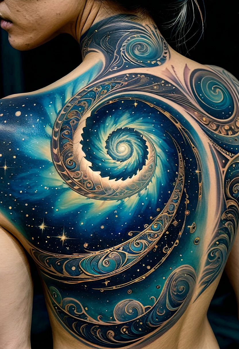 tatouage dans le dos, Very finely executed tribal fractal spiral galaxy tattoo, fine and very precise tattoo, dessin d'une galaxie spirale au centre du tatouage