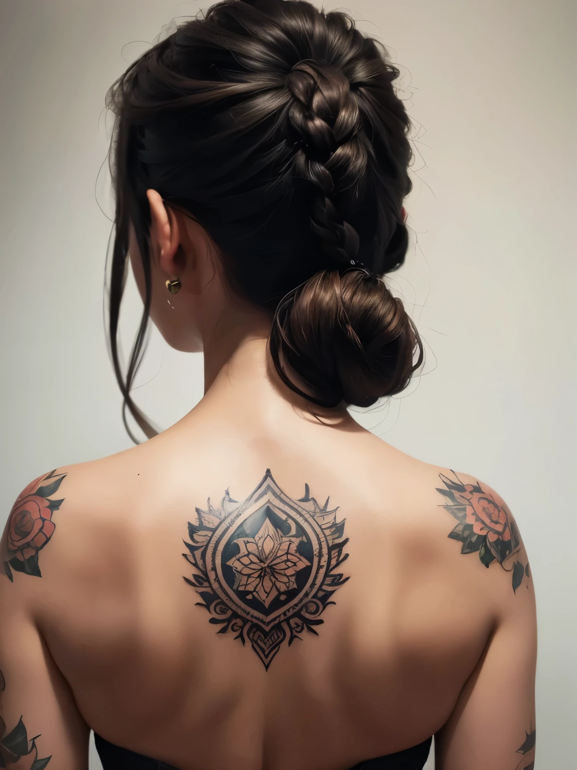 Tattoo on the back, ((realistic, masterpiece, high quality, 8K, high resolution:1.3)), 1 girl, solo, extremely detailed CG, (illustration:0.6),