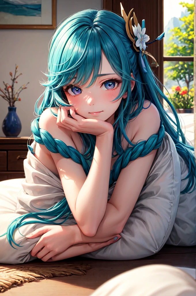 (highest quality,High resolution,masterpiece:1.2),ultra-detailed,Genshin Impact ガール, beautiful detailed eyes, beautiful detailed lips, Long eyelashes, Lying in a comfortable bed, surrounded by soft blankets and pillows, Perfectly lit by natural light. The rooms are decorated with elegant décor and natural touches., Creates a calm and peaceful atmosphere. The girl is wearing a gorgeous dress that reflects her unique style and personality.。.

Her hands are tied gently with a large rope, Tightly wrapped in art, Emphasizing her weakness、Add a hint of suspense to the scene. She is also gagged, He covered his mouth with a gentle cloth., Enhances the sense of secrecy and mystery.

Out of the window, Breathtakingly beautiful scenery, Full of vibrant colors and picturesque elements. The girl&#39;s facial expressions express a variety of emotions., Capture her strength and determination despite limitations. Her eyes convey both curiosity and admiration. .

The lighting accentuates the girl&#39;s delicate features and the texture of the rope., Cast soft shadows to give your image depth and dimension. Warm color palette, A combination of soft pastels and rich earth tones, Immerse your audience in a fascinating world of artwork.

This prompt is、The fascinating world of Genshin、It&#39;s a combination of charm and a little mystery.。, High quality, detailed, Realistic images that show the beauty and complexity of the scene.