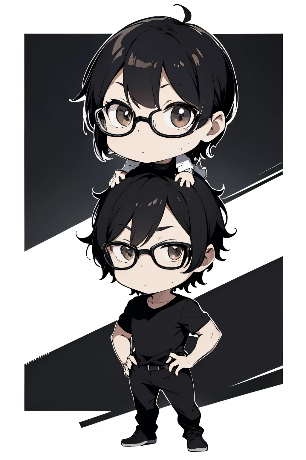 Pixel art para personajes chibi, A man about 35 years old wearing a black shirt and black pants standing in front of a white wall, con bello facial, Brown eyes, que use lentes y el cabello corto y negro.