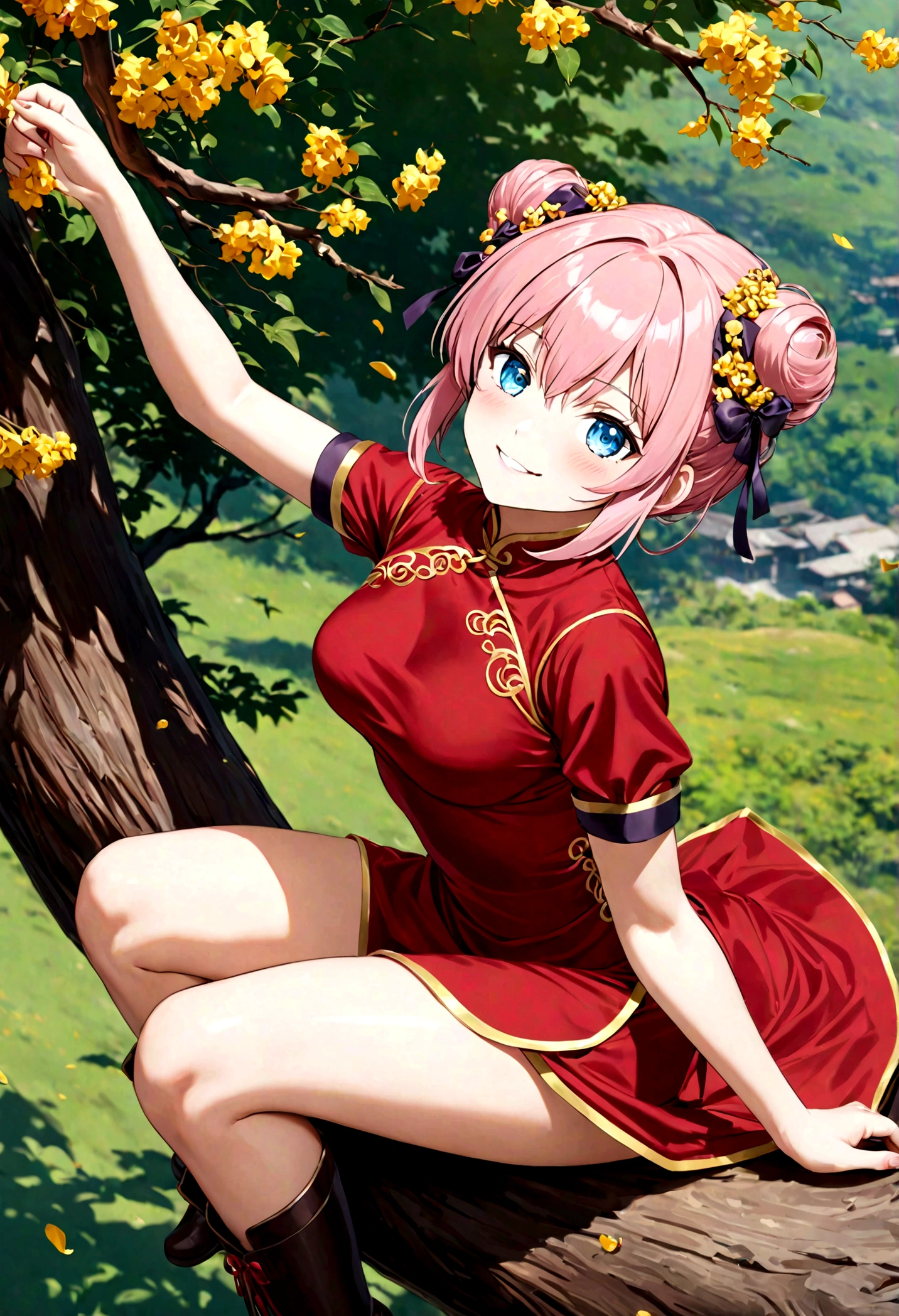 Gintama, Kagura, Pink hair, red dress, double bun, bun cover, china dress, chinese clothes, knee boots, short sleeves, small breasts, Blue eyes, tree, (in_tree), all_fours, on branch, v,, (masterpiece:1.3), (best_quality:1.3), (ultra_detailed:1.3), 8k, extremely_clear,, 1girl, solo, wide_shot,, outdoors,, insane details, intricate details, hyperdetailed, ultra detailed, extreme detailed, highest detailed, high_detail, colorful, beautiful, hdr, photorealistic, highres, ultra_high_res, photography, aesthetic, extremely_delicate,, seductive_smile,