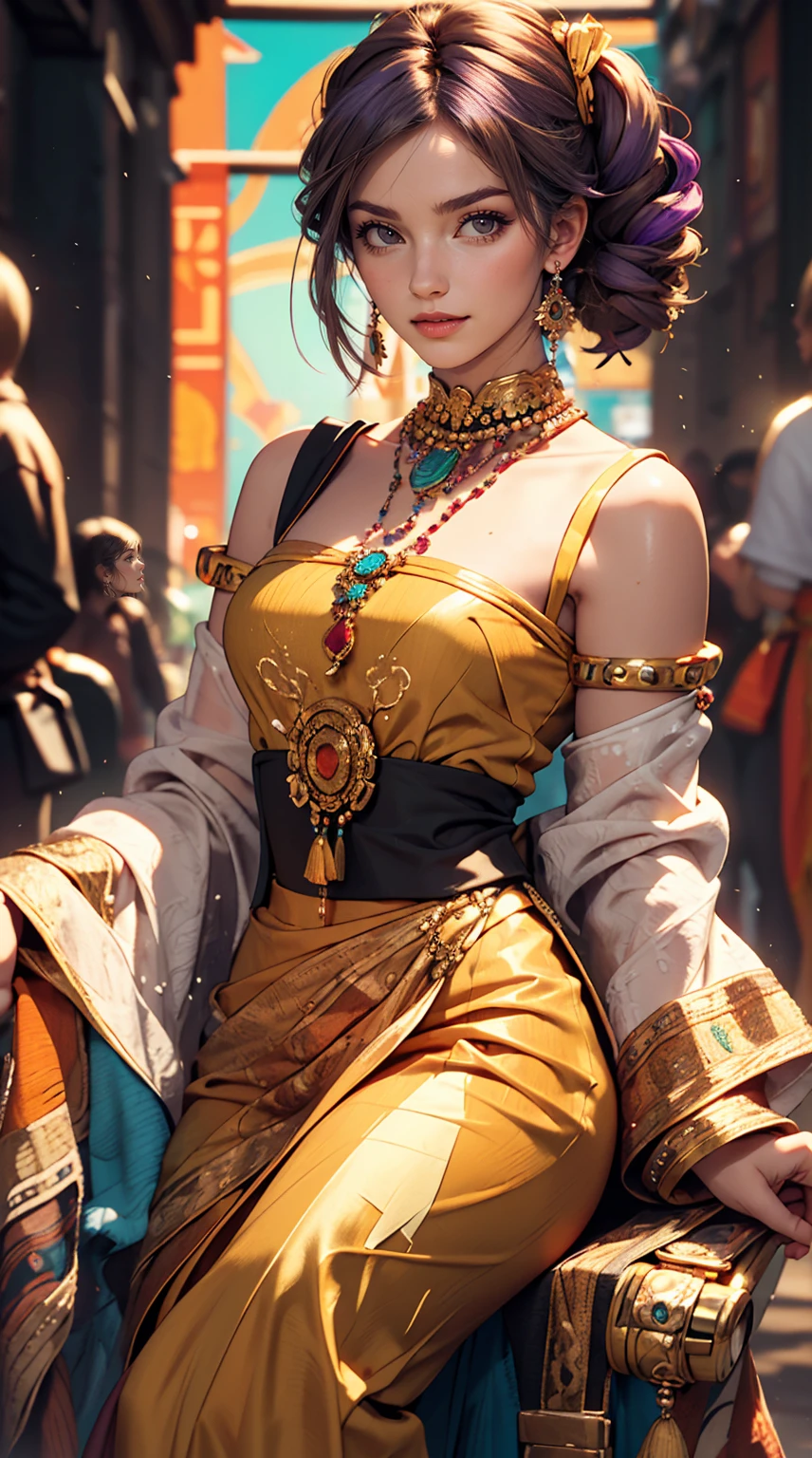 (Absurd, High resolution, Super detailed), (One girl:1.3), Twin tails, Purple Hair, break , Glitch Art, Digital Distortion, Pixelated Fragments, Data Corruption, Colorful Noise, Visual clutter, contemporary aesthetics break , Enamel Art, Glass-like surface, Vibrant colors, Glossy finish, Reflective Texture, Richly pigmented, fluid forms break , Ethnic Style, Traditional attire, Vivid patterns, Handmade textiles, Cultural Motifs, Beaded Jewelry, Artisan handmade accessories