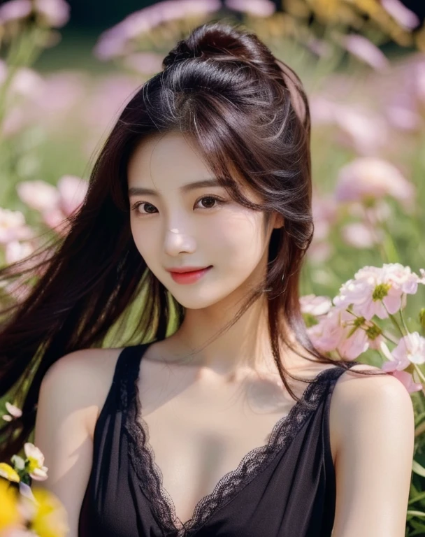 Woman, ponytail, long, flowing hair, Hair floats up, hair floats up , Long hair wearing a black shirt poses in a field of flowers, beautiful south beautiful asian girl, Thai anime, 3 D, 8k, Shot with a high quality Fuji camera, quality 45.,000,000 pixels, realistic light colors,korean woman, beautiful young korean woman, gorgeous young korean woman, Chinese girl, Gorgeous Chinese model, Korean girl, beautiful asian girl, korean woman, Chinese woman,