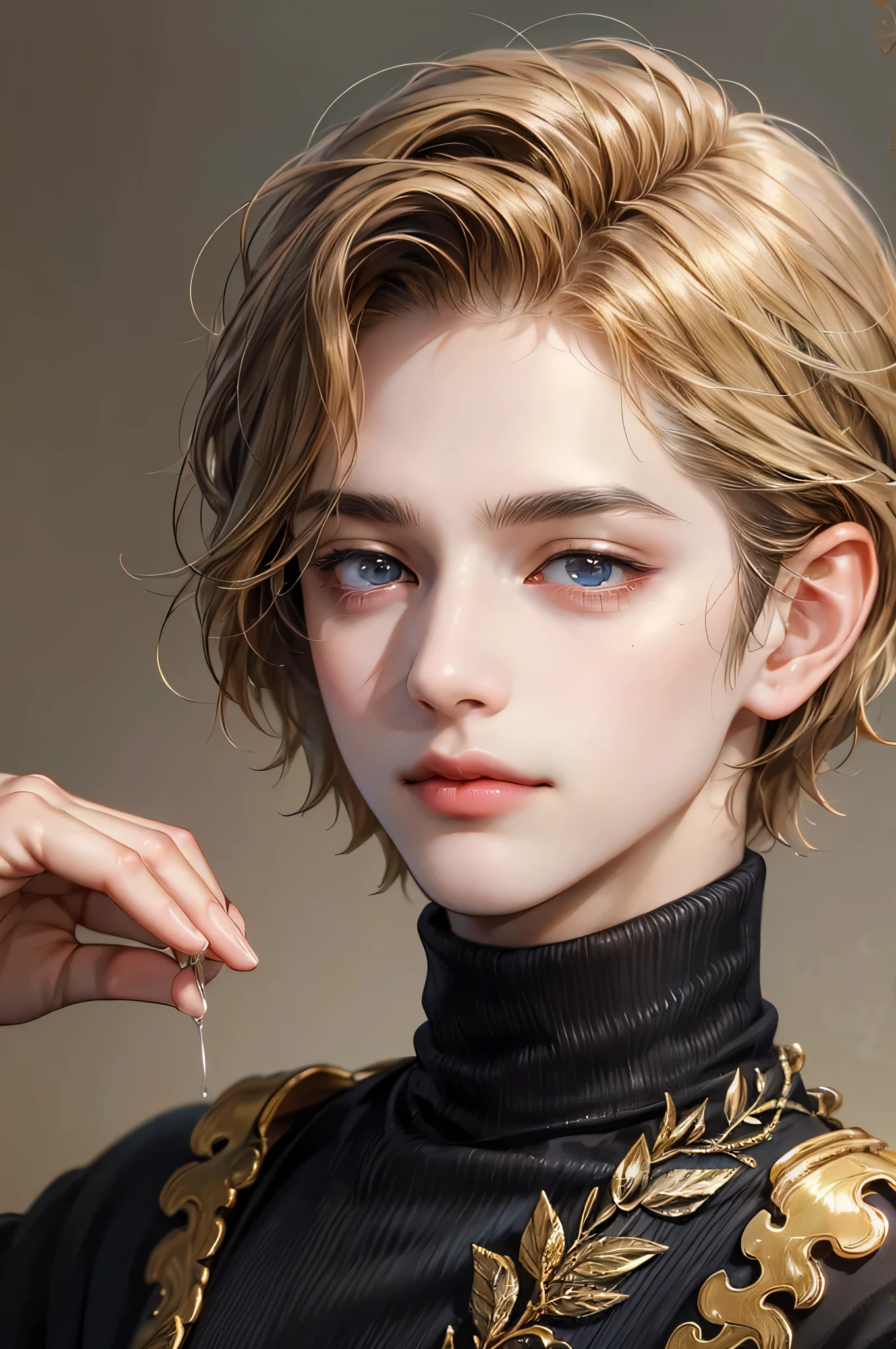(absurdres, highres, ultra detailed, HDR), masterpiece, best quality, 1 boy , boy character ,short hair, handsome face, anime eyes, detailed character, withe_background, Beige hair, Beig eyes, Curly hair, , black Turtleneck, charmed face, rich hair, bang