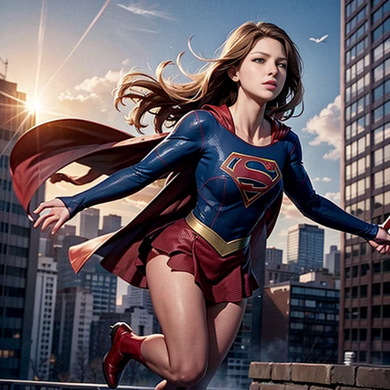 solo, 1girl, m3l1ss, supergirl, brown hair, s0p3r6m3l1s4-smf, blue eyes, blue bodysuit, long sleeves, red cape, realistic, bodysuit, animification, skirt, flying, buildings, sky, clouds, sun light