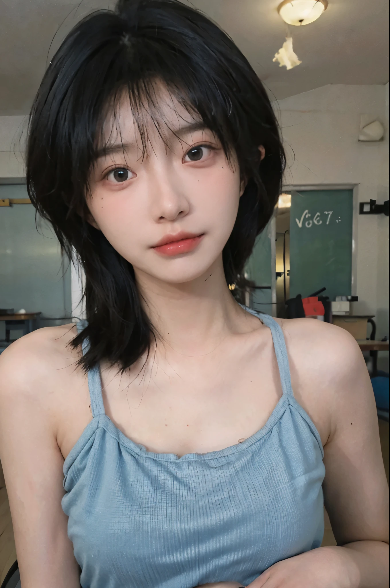 Best quality,Ultra-high resolution,(lifelike:1.4),Cute hairpin,2girll,Short blue hair,jk,Blush,Slim beauty:1.4,Visible abdominal muscles,At school,Ultra-fine face,Exquisite eyes,Double eyelids,