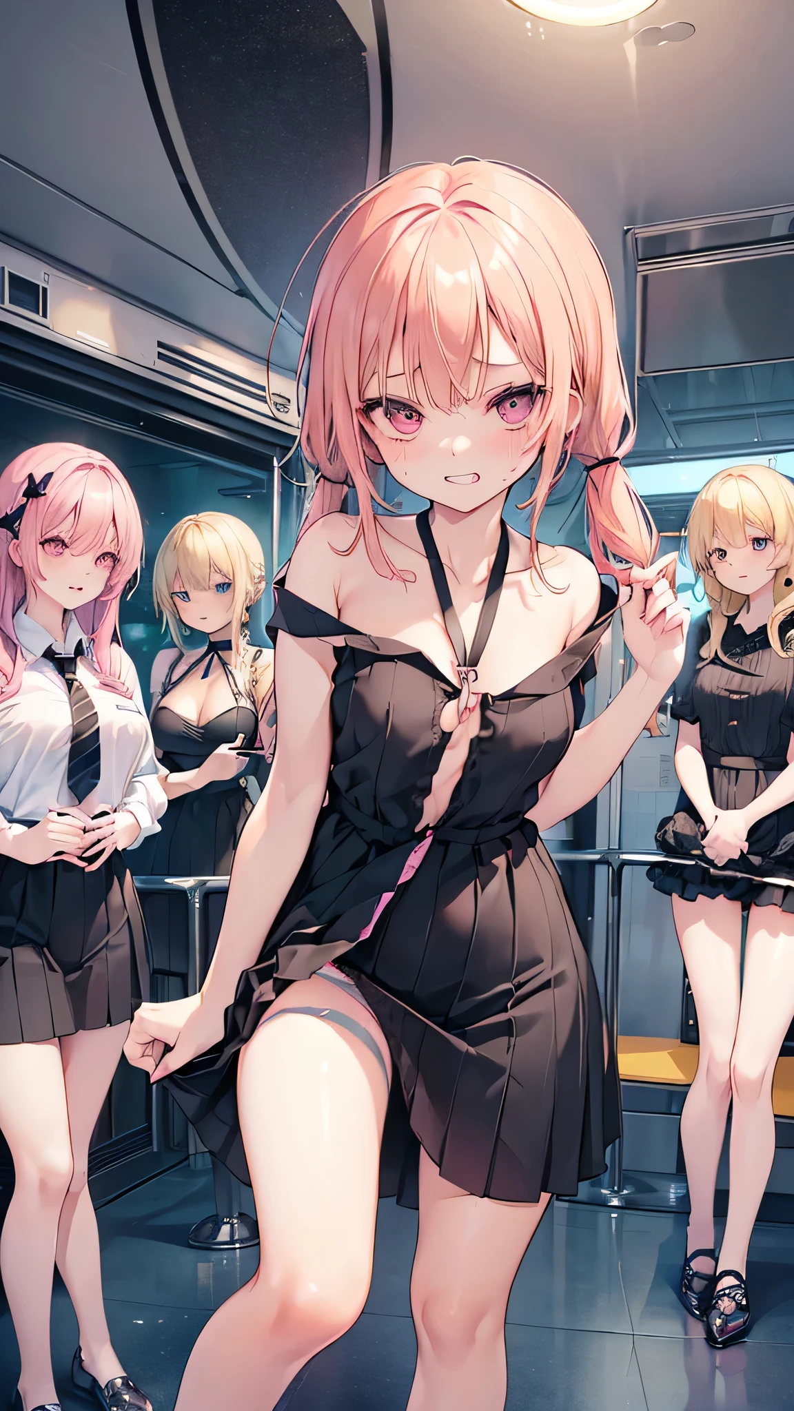 (((focus panties))), (I look up at the five girls from the ground.)、(Five girls are standing in a circle around me, looking down at me.)、((circle))、(seductive evil grin), (((5 giant girls)))、((angle from below)), ung face, (thighs), 5panties, belly button、(angle from under 5 girls), Raise your knees、The girls have their feet on me、(In a crowded train)、Young cabaret girl、(Casual short One Piece)、Blonde、Hostess hairstyle、(Pink and black striped panties)、(((Open neckline dress)))、(((skirt pull))), Young face、Expressions of anger、1boy, ((Man is amazon position))、(((standing footjob))), (((eject cum))), (foot on penis),