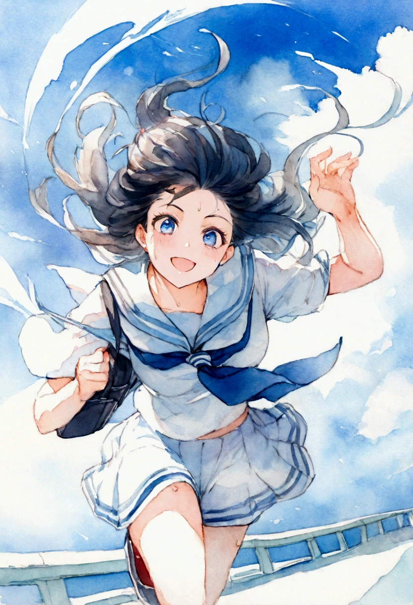 Vast blue sky,Watercolor,Very detailed, delicate and dynamic,A big smile,Super quality, 16k,Student bag,Black Hair,A high school girl runs through the blue sky,白いcloud,running,Sailor suit,uniform,youth,,Blue sky,cloud, Wind-effect, background,Sideways dash,Sweat,Sideways dash,Exam
