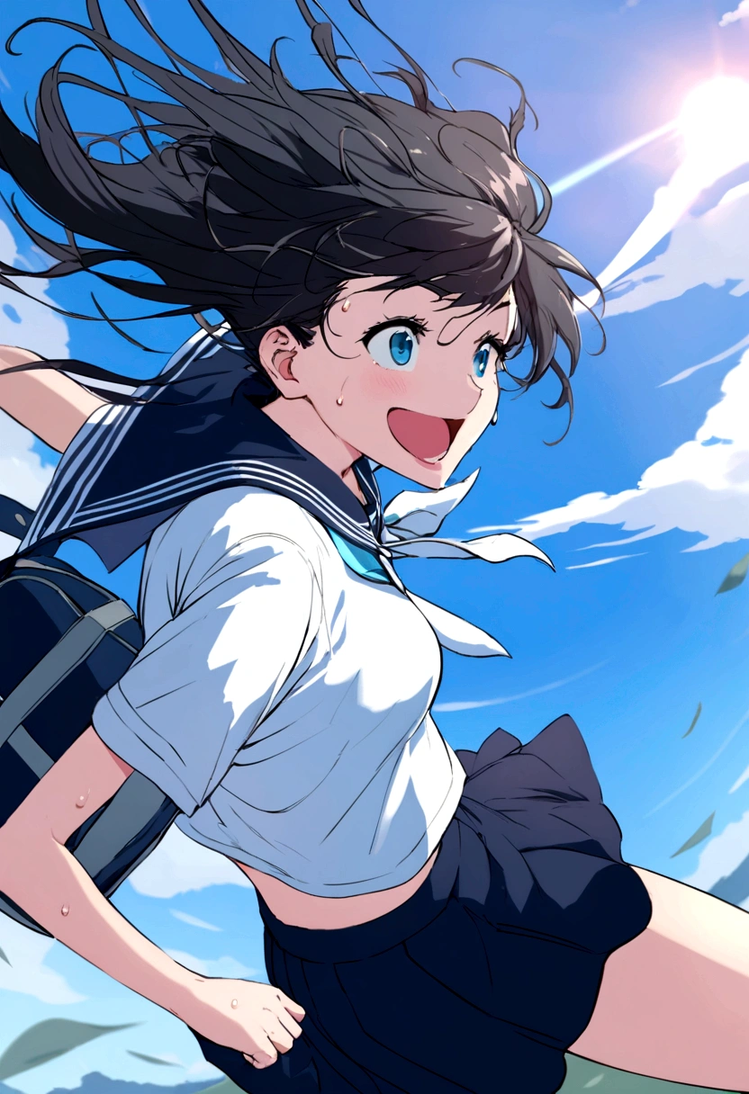 Vast blue sky,Very detailed, delicate and dynamic,A big smile,Super quality, 16k,Student bag,Black Hair,A high school girl runs through the blue sky,白いcloud,running,Sailor suit,uniform,youth,,Blue sky,cloud, Wind-effect, background,Sideways dash,Sweat,Sideways dash,