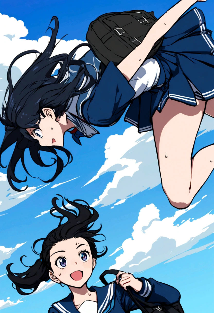 Vast blue sky,Very detailed, delicate and dynamic,A big smile,Super quality, 16k,Student bag,Black Hair,A high school girl runs through the blue sky,白いcloud,running,Sailor suit,uniform,youth,,Blue sky,cloud, Wind-effect, background,Sideways dash,Sweat,Sideways dash,